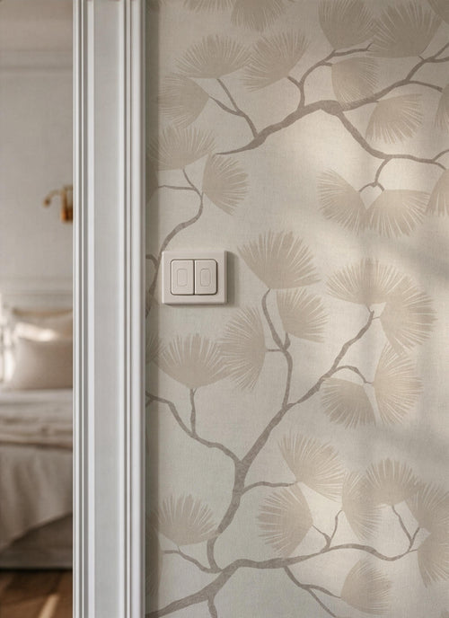 Beige Pine Branch Wallpaper – Minimalist Woodland Wall Decor (Peel and Stick)