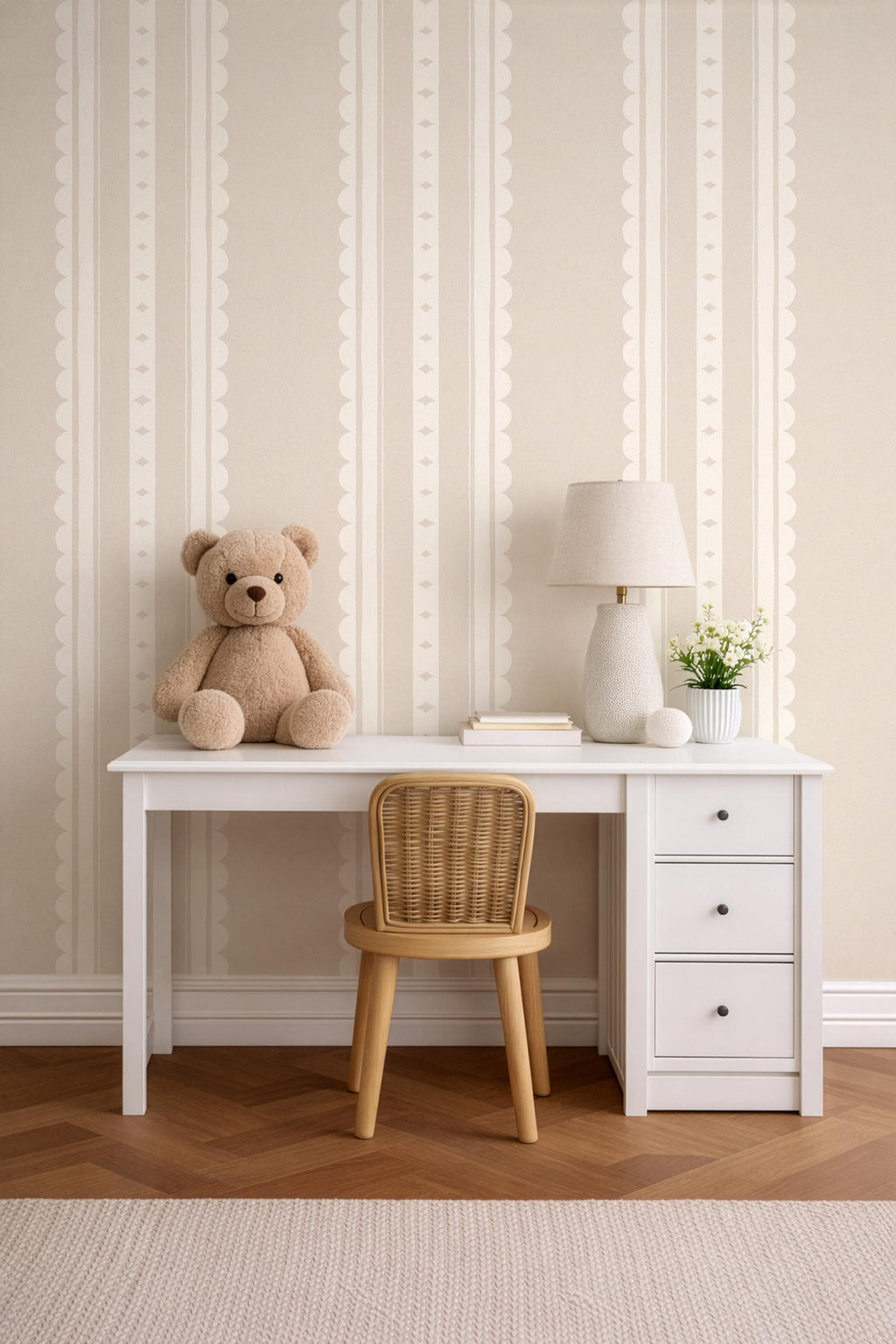 Beige Scallop Stripe Nursery Wallpaper – Gender Neutral Baby Wall Covering (Peel and Stick)