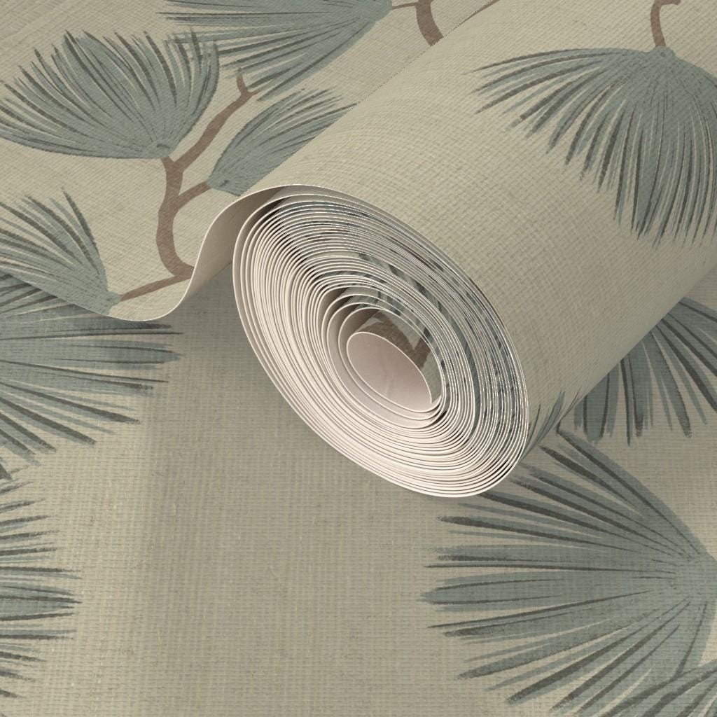 Japandi Pine Branch Wallpaper – Scandinavian Botanical Wall Mural (Grasscloth)