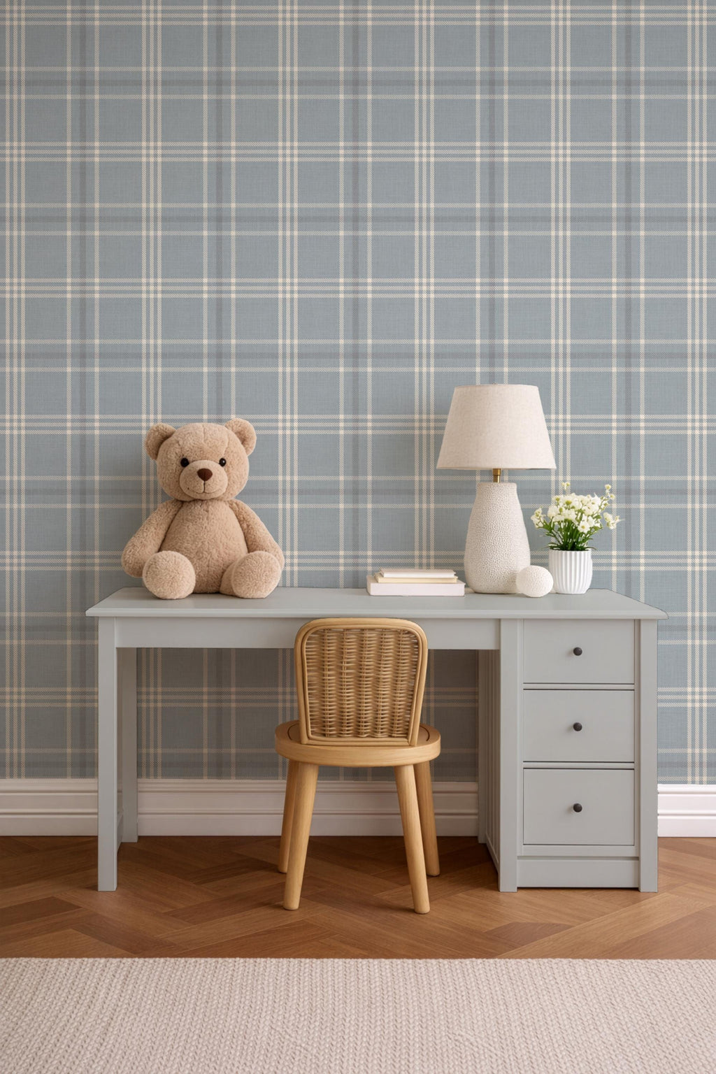 Neutral Blue Plaid Wallpaper: Modern Cottage Baby Nursery Decor (Peel and Stick)