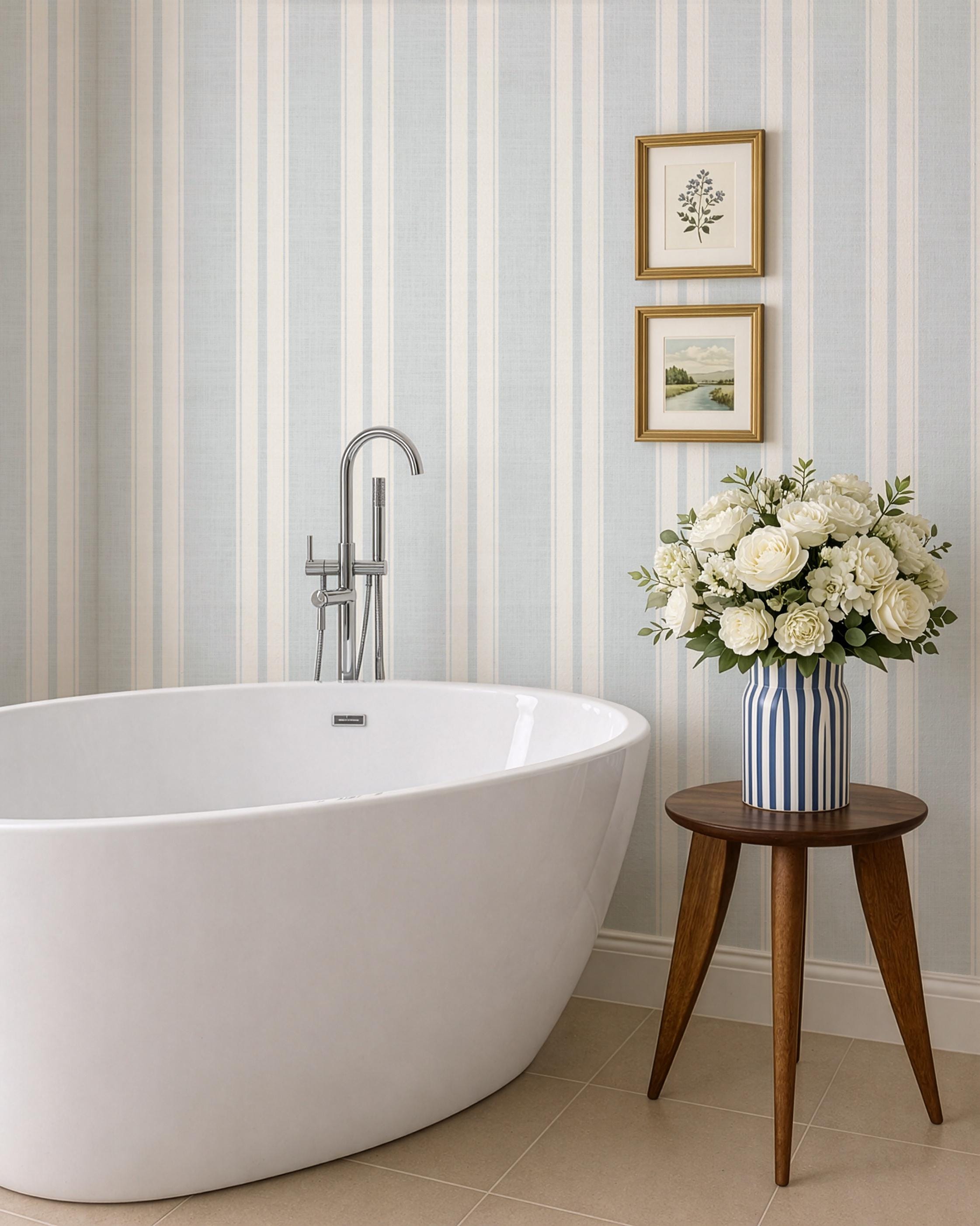 pale blue farmhouse wallpaper ticking stripe removable french blue stripe wall cottage cream stripe linen look peel and stick wall covering