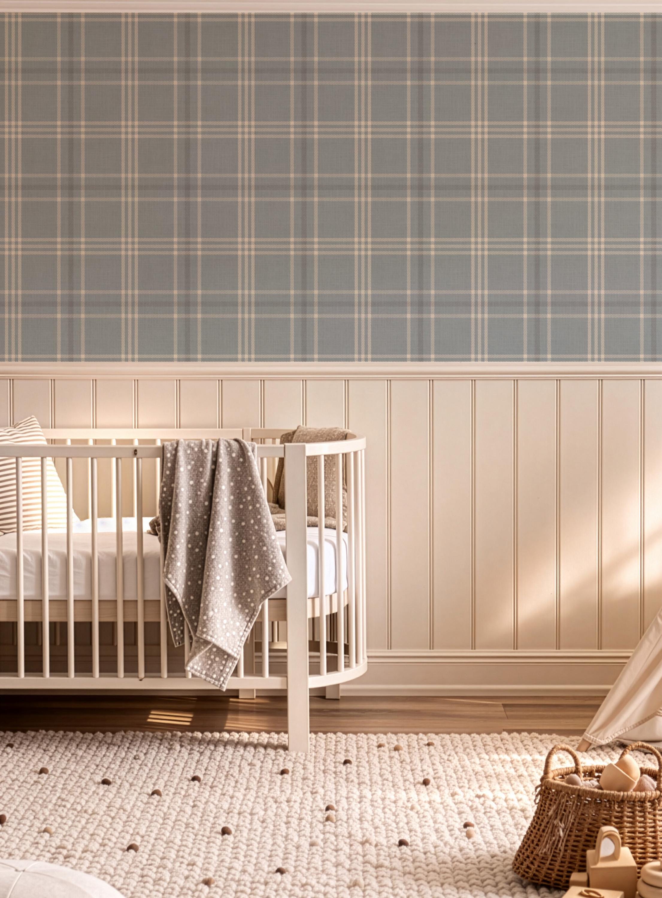 Neutral Blue Plaid Wallpaper: Modern Cottage Baby Nursery Decor (Peel and Stick)