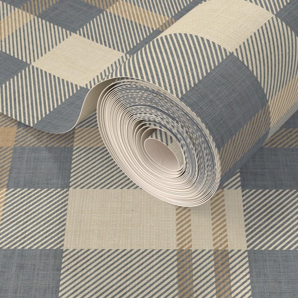 Neutral blue and beige Plaid Wallpaper – Rustic Check Pattern for Cozy Scandinavian & Farmhouse Interiors - FREE SHIPPING
