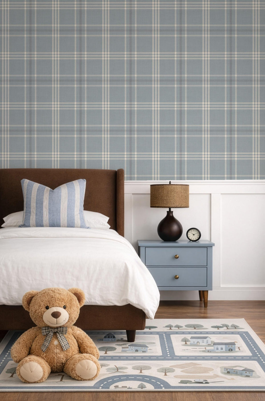 Neutral Blue Plaid Wallpaper: Modern Cottage Baby Nursery Decor (Peel and Stick)