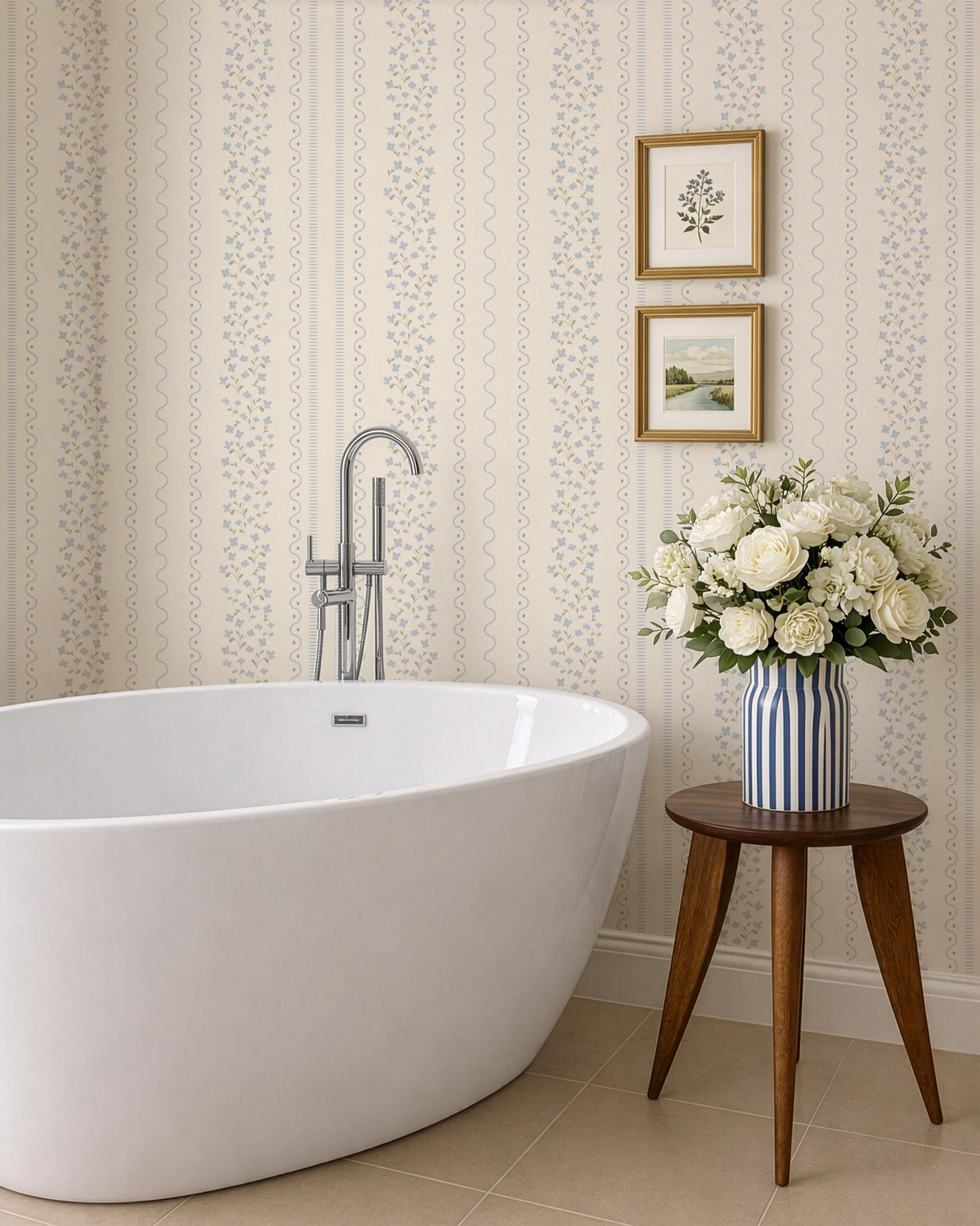 Blue Wildflower Stripe Wallpaper: Watercolor Ditsy Floral Nursery Wall Covering (Peel and Stick)