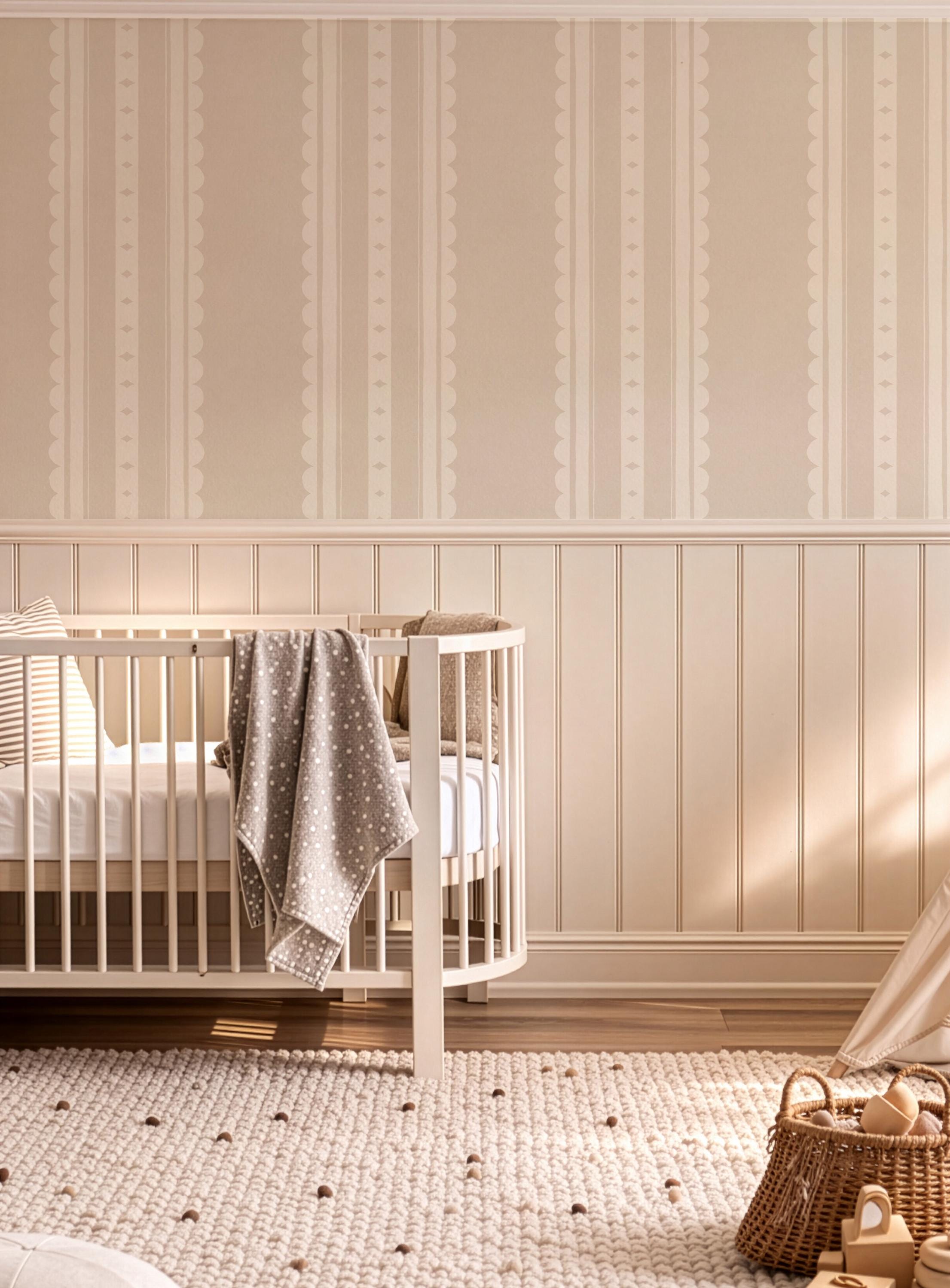 Beige Scallop Stripe Nursery Wallpaper – Gender Neutral Baby Wall Covering (Peel and Stick)
