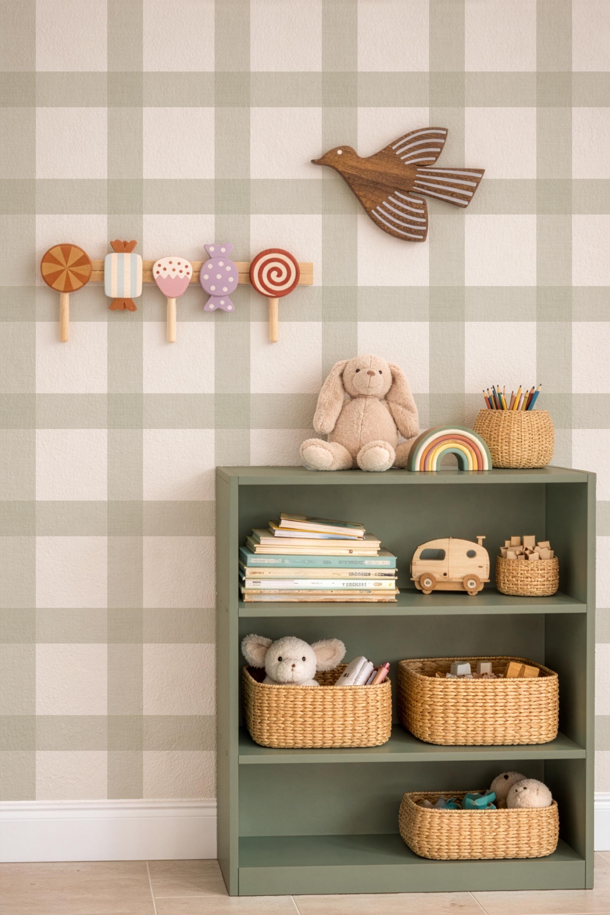 Sage Green Buffalo Plaid Wallpaper, Peel and Stick Nursery Decor, Farmhouse Check (Removable)