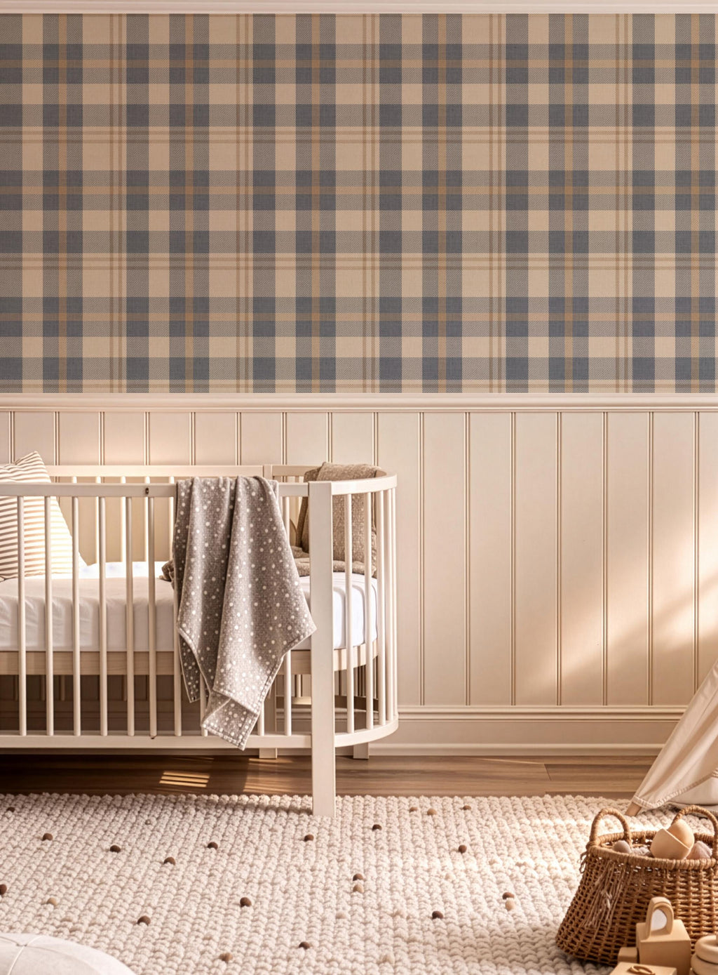 Neutral blue and beige Plaid Wallpaper – Rustic Check Pattern for Cozy Scandinavian & Farmhouse Interiors - FREE SHIPPING