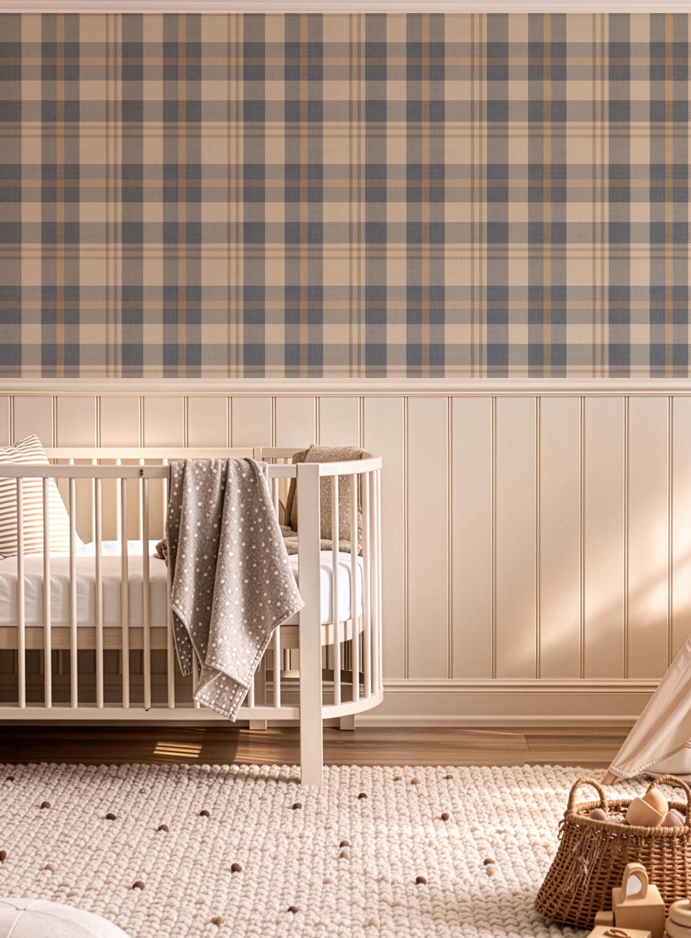 Neutral blue and beige Plaid Wallpaper – Rustic Check Pattern for Cozy Scandinavian & Farmhouse Interiors - FREE SHIPPING