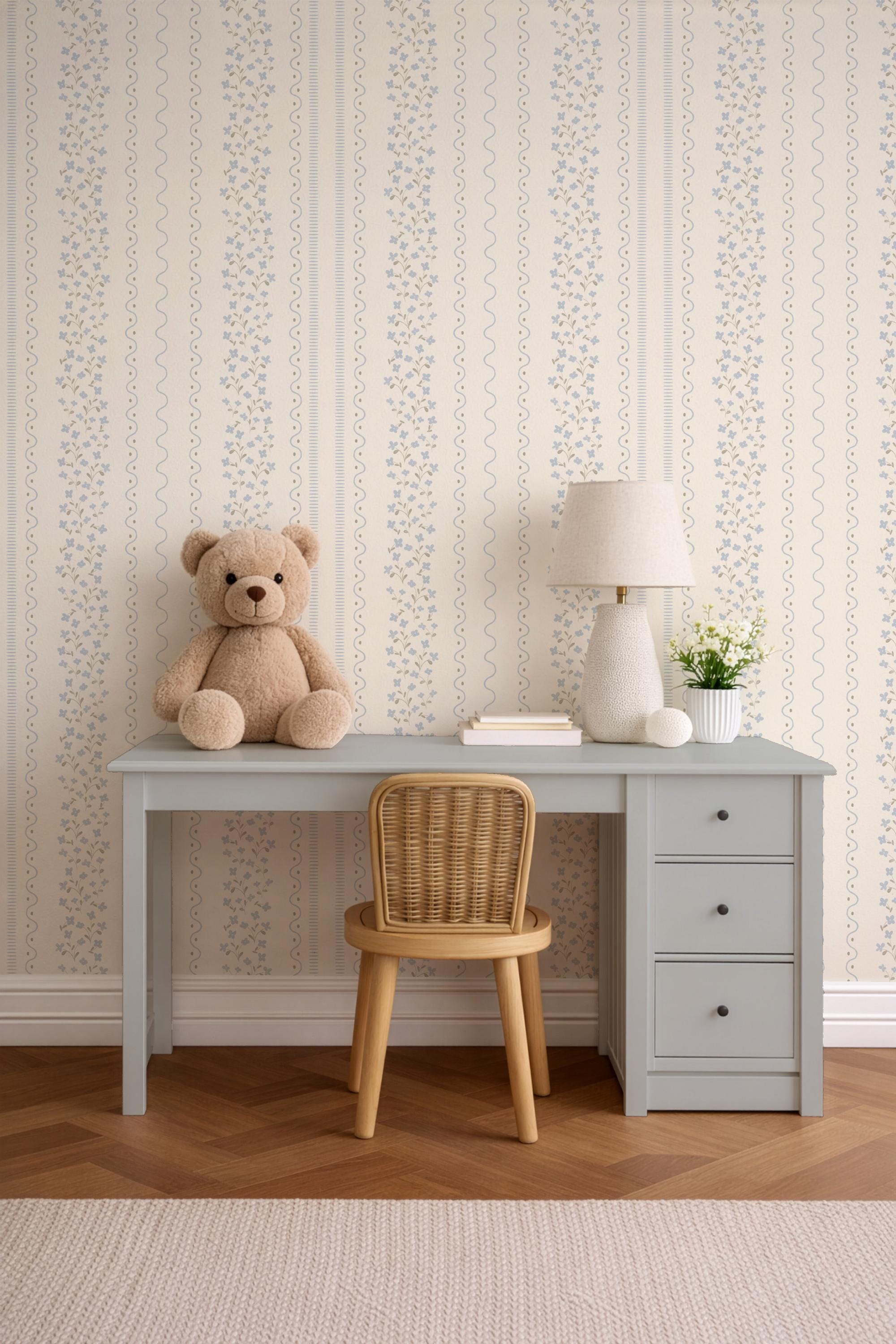 Blue Wildflower Stripe Wallpaper: Watercolor Ditsy Floral Nursery Wall Covering (Peel and Stick)