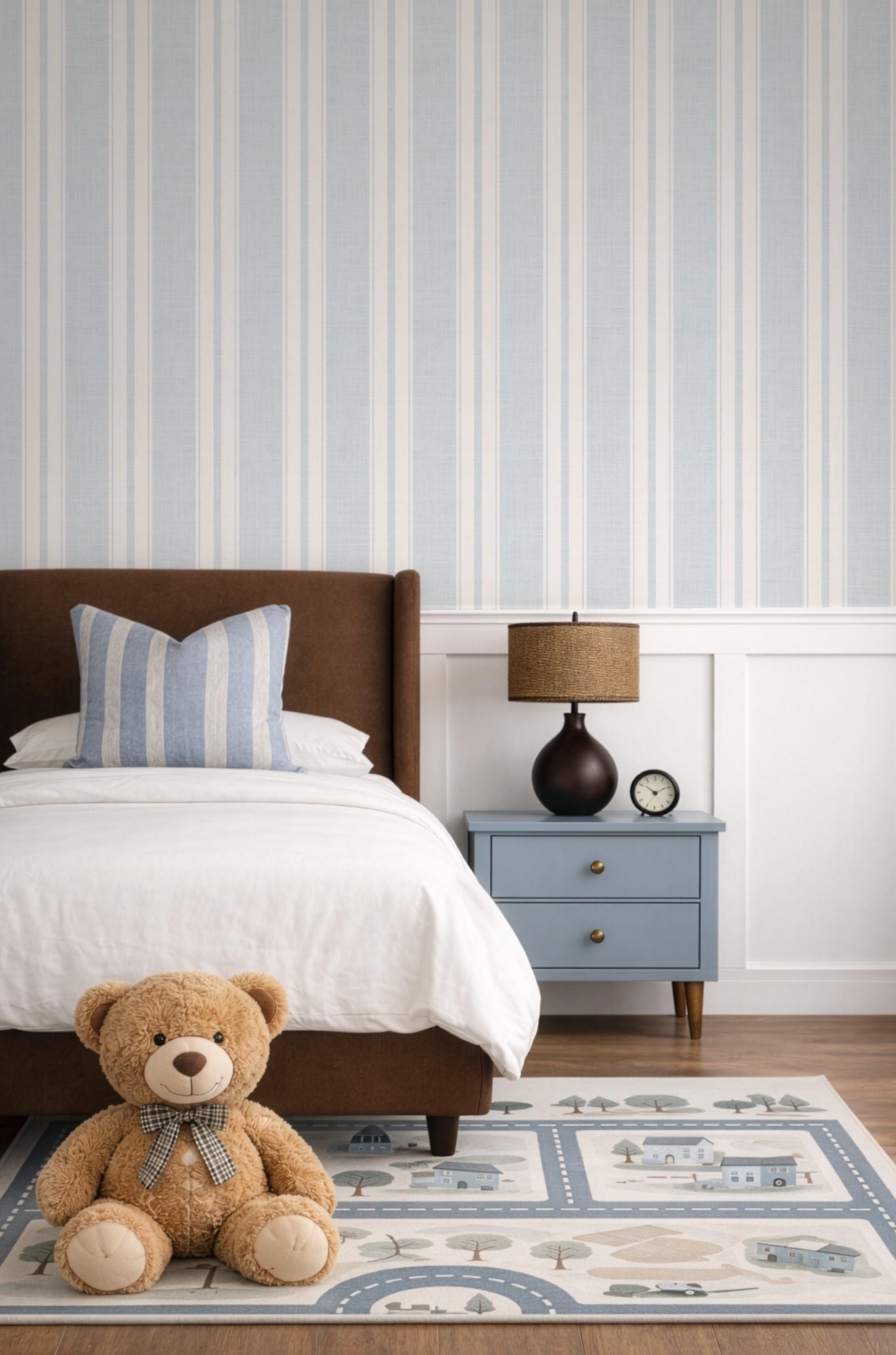 pale blue farmhouse wallpaper ticking stripe removable french blue stripe wall cottage cream stripe linen look peel and stick wall covering