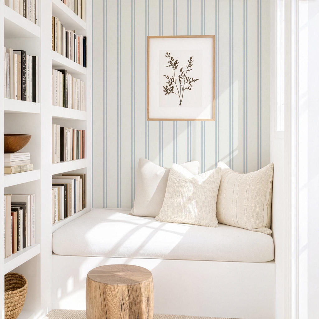 May include: A cozy reading nook with a white built-in bench, three cream-colored pillows, and a wooden side table. A framed botanical print hangs on the striped blue and white wallpaper. Bookshelves are on the left.