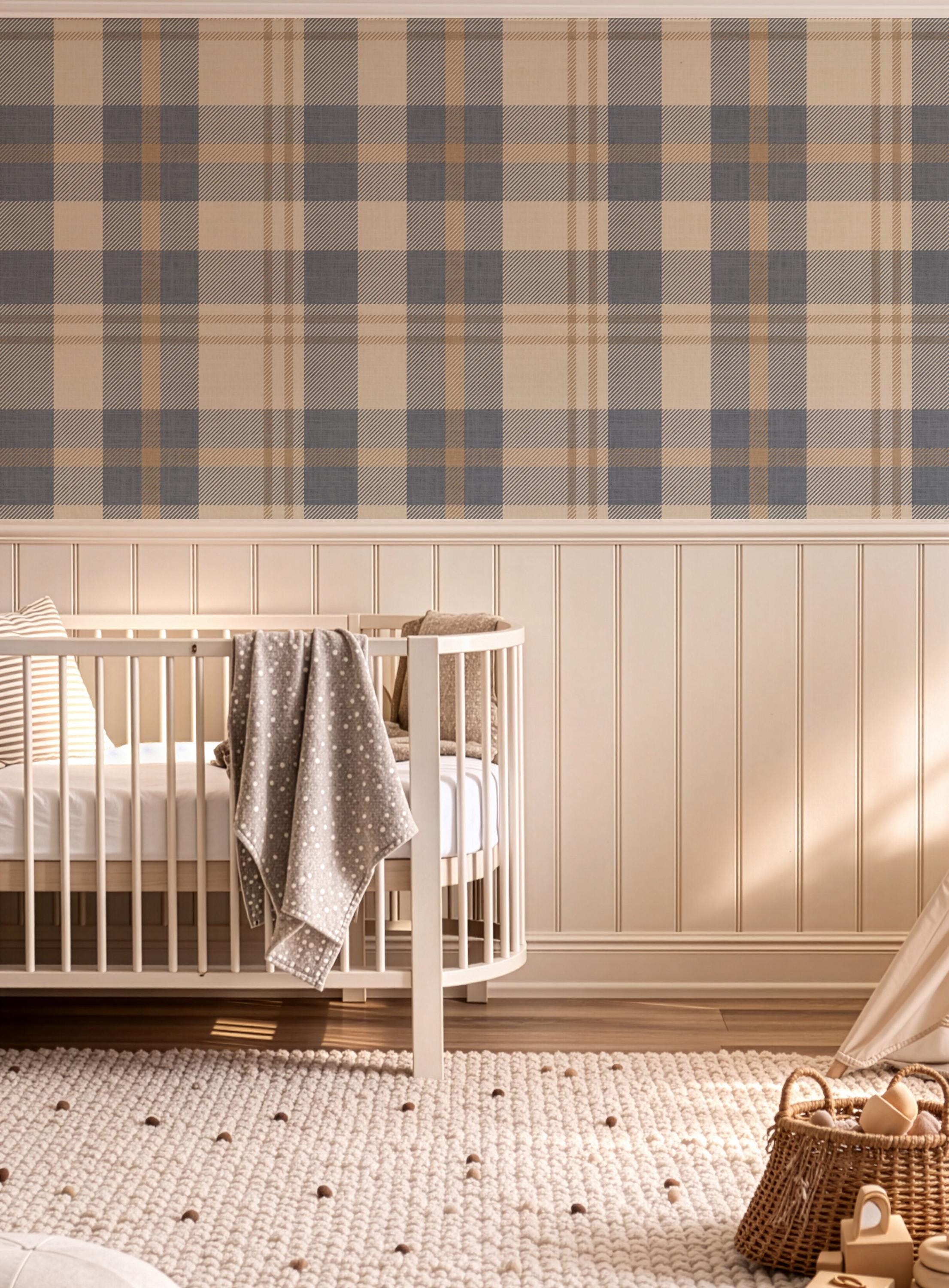Neutral blue and beige Plaid Wallpaper – Nordic plaid design Farmhouse Interiors - Traditional Tartan Wall Decor, Peel & Stick or Grasscloth