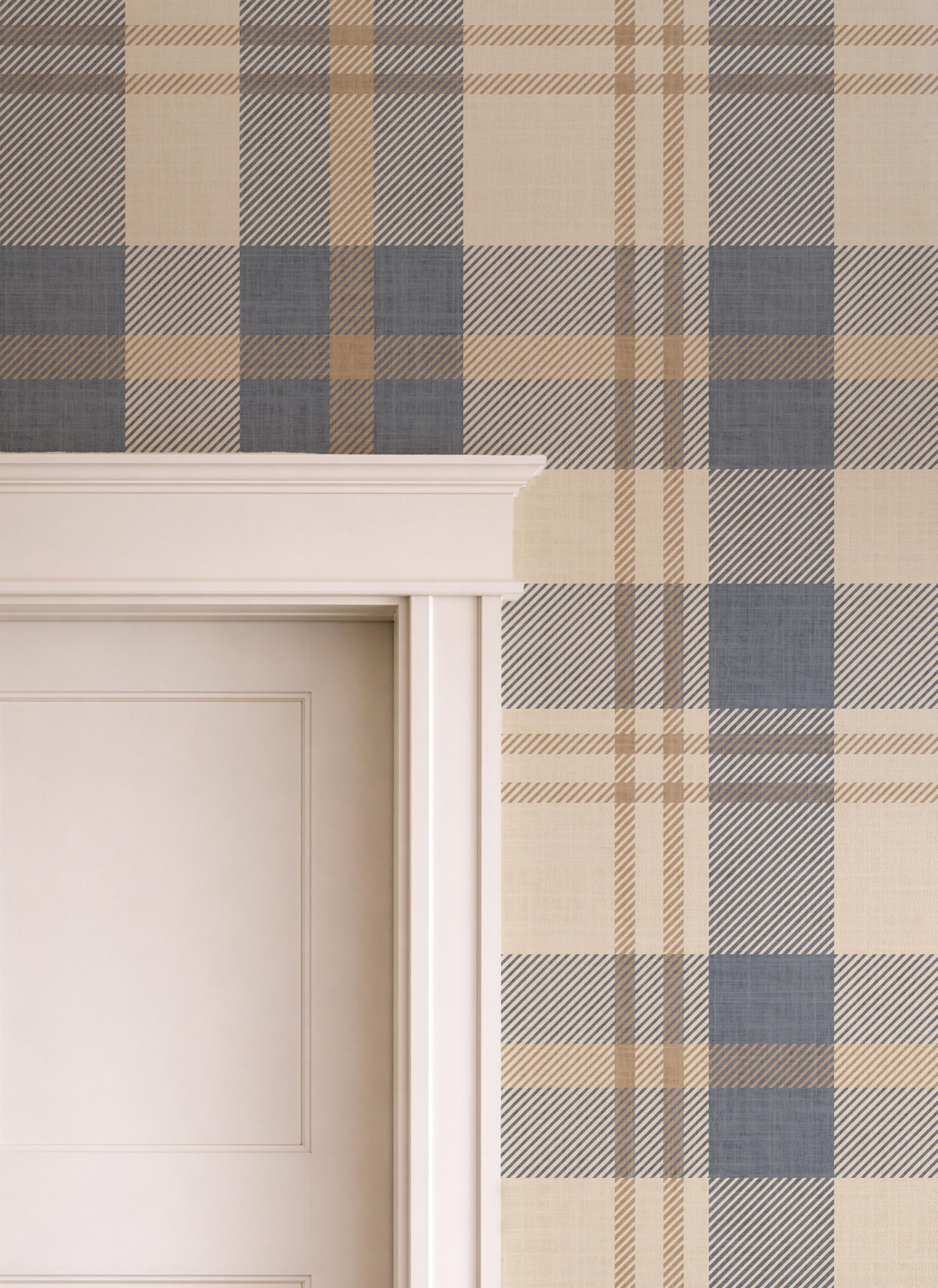 Neutral blue and beige Plaid Wallpaper – Nordic plaid design Farmhouse Interiors - Traditional Tartan Wall Decor, Peel & Stick or Grasscloth
