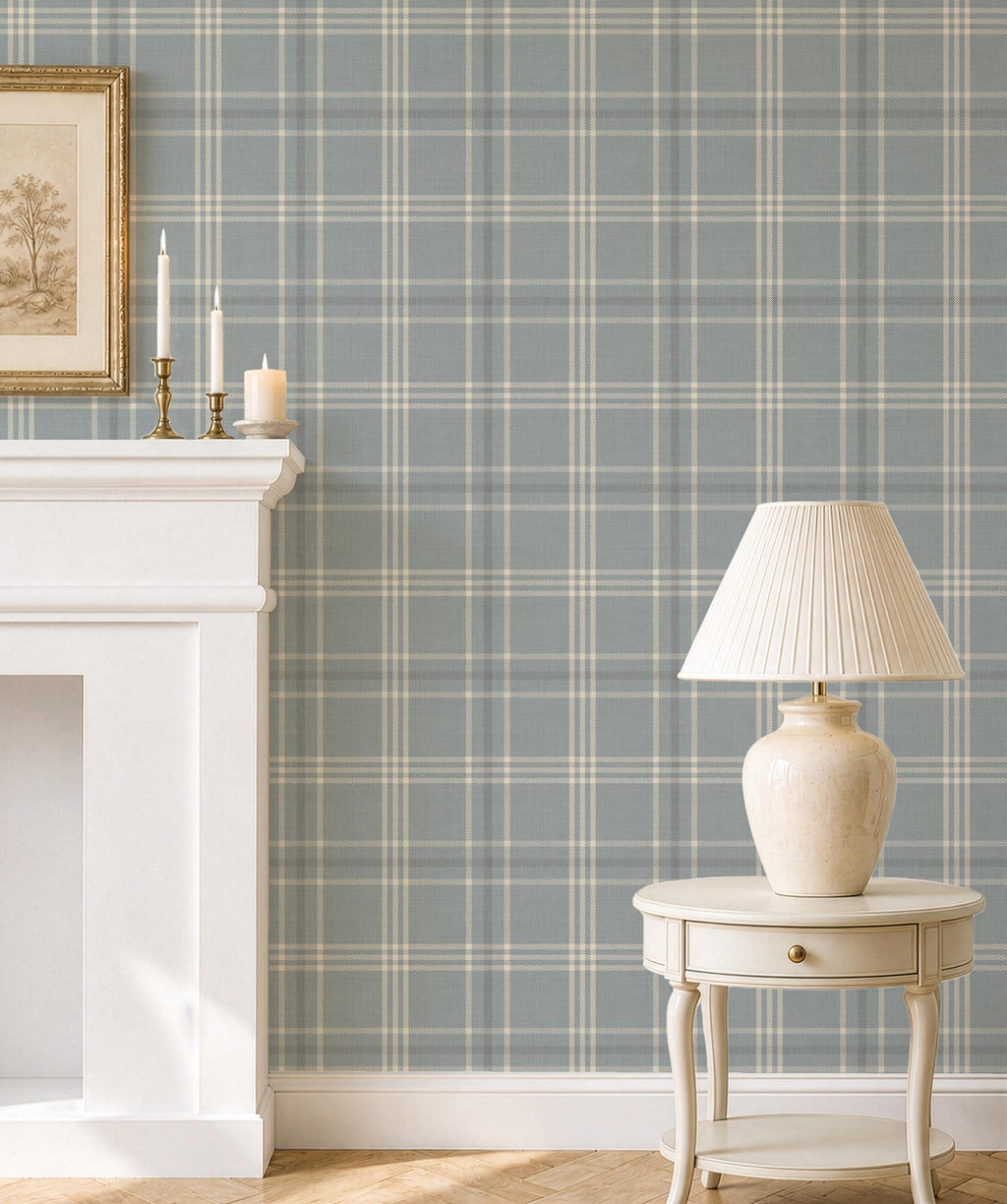 Neutral Blue Plaid Wallpaper: Modern Cottage Baby Nursery Decor (Peel and Stick)