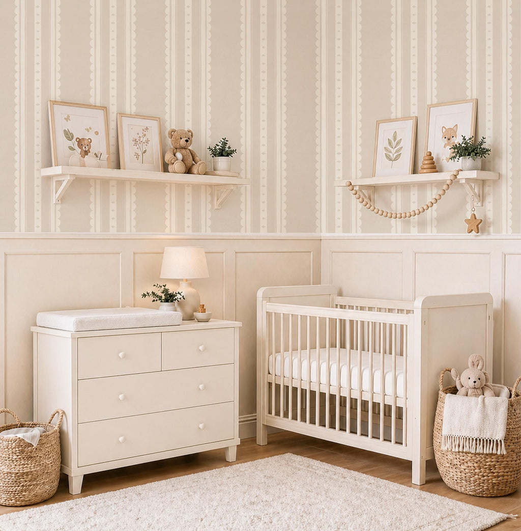 Beige Scallop Stripe Nursery Wallpaper – Gender Neutral Baby Wall Covering (Peel and Stick)