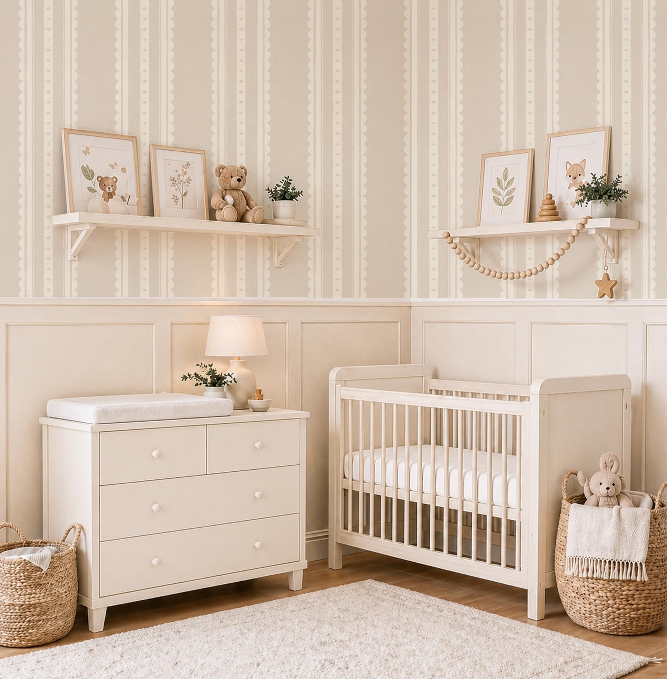 Beige Scallop Stripe Nursery Wallpaper – Gender Neutral Baby Wall Covering (Peel and Stick)