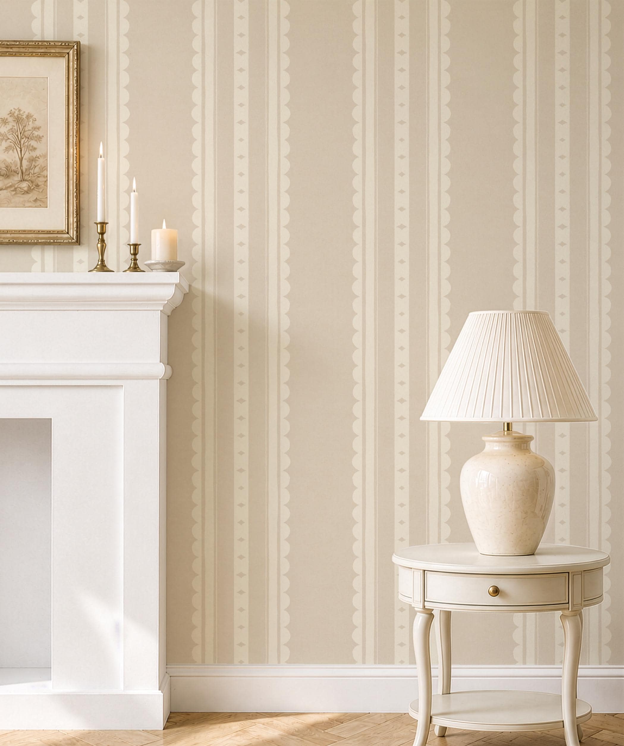 Beige Scallop Stripe Nursery Wallpaper – Gender Neutral Baby Wall Covering (Peel and Stick)