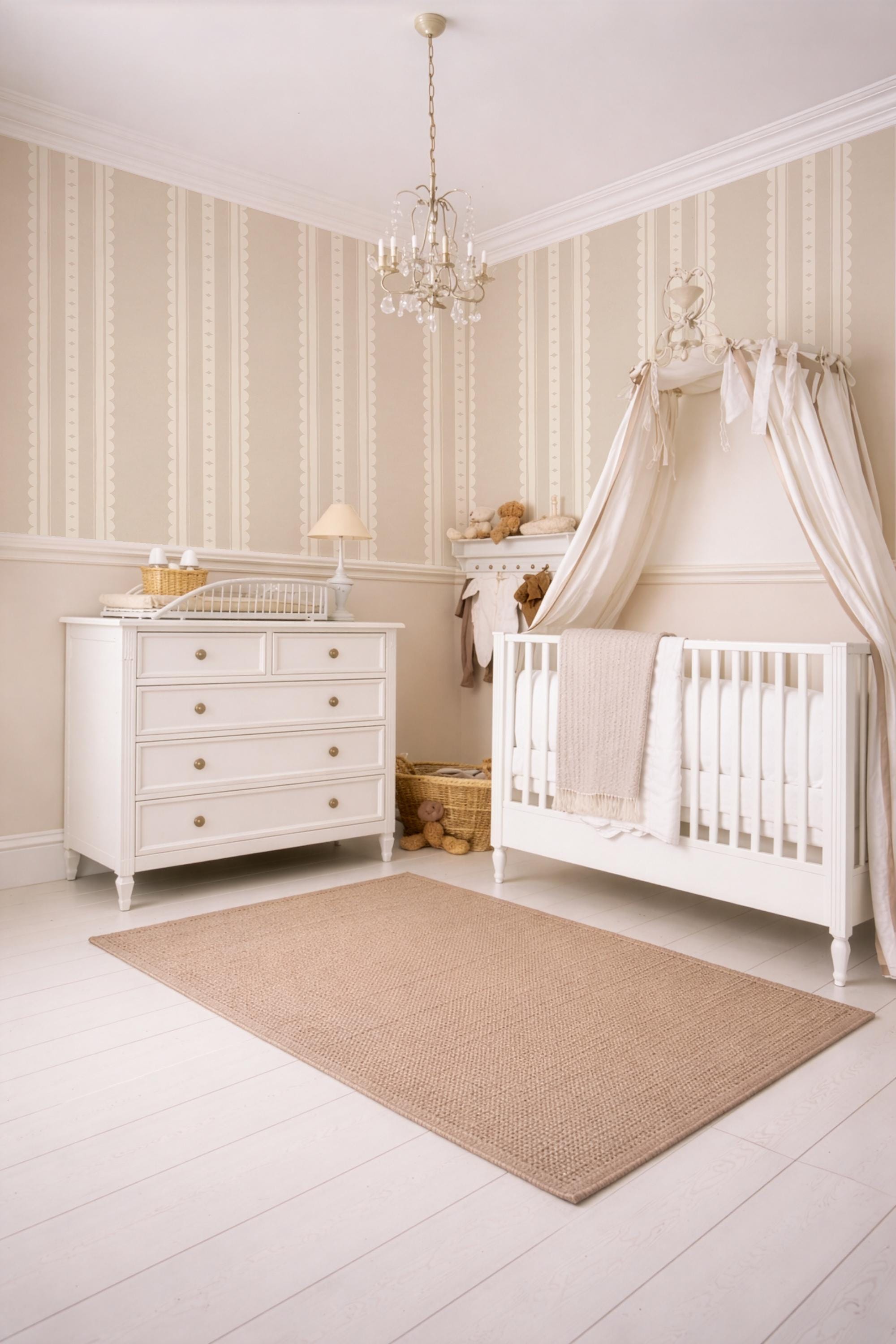 Beige Scallop Stripe Nursery Wallpaper – Gender Neutral Baby Wall Covering (Peel and Stick)