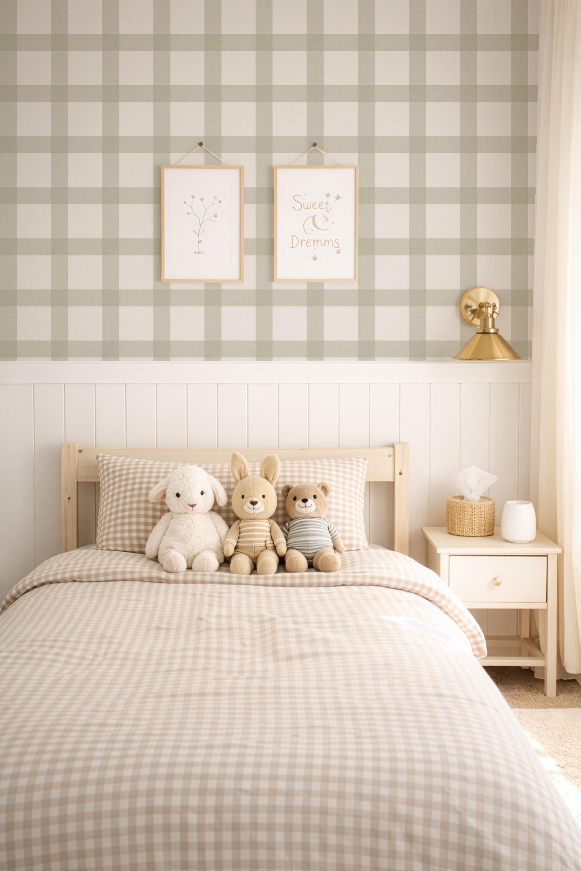 Sage Green Buffalo Plaid Wallpaper, Peel and Stick Nursery Decor, Farmhouse Check (Removable)