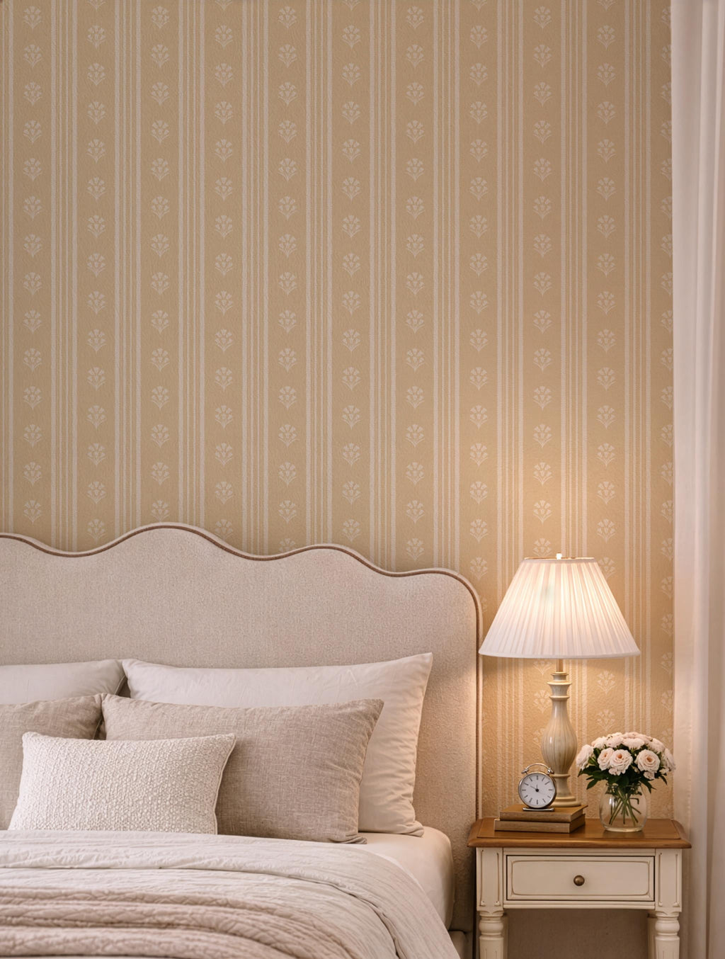 Yellow Floral Stripe Wallpaper: Wildflower Scallop Striped Wall Covering, Botanical Stripes, Charming Cottage Granny Chic Decor