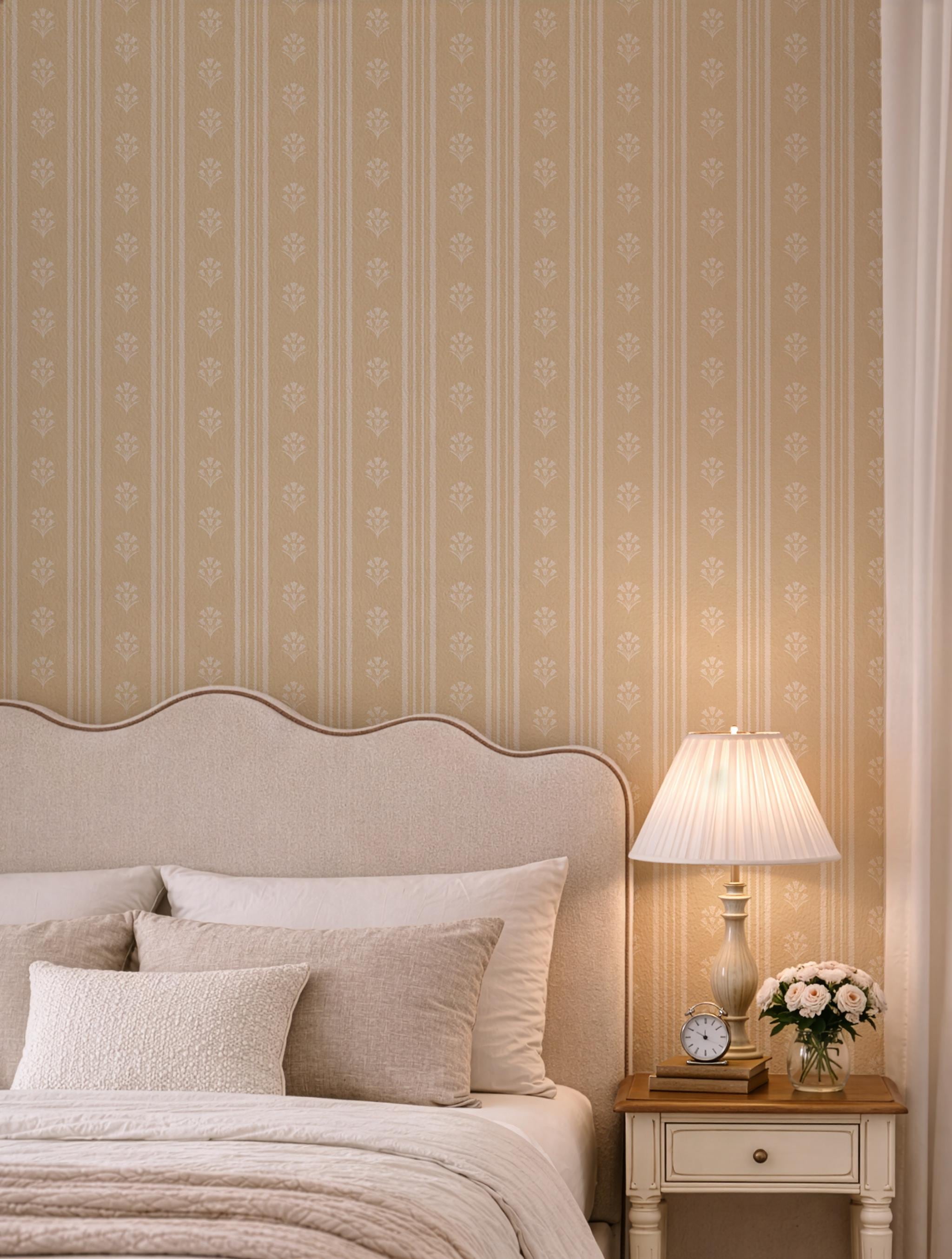 Yellow Floral Stripe Wallpaper: Wildflower Scallop Striped Wall Covering, Botanical Stripes, Charming Cottage Granny Chic Decor
