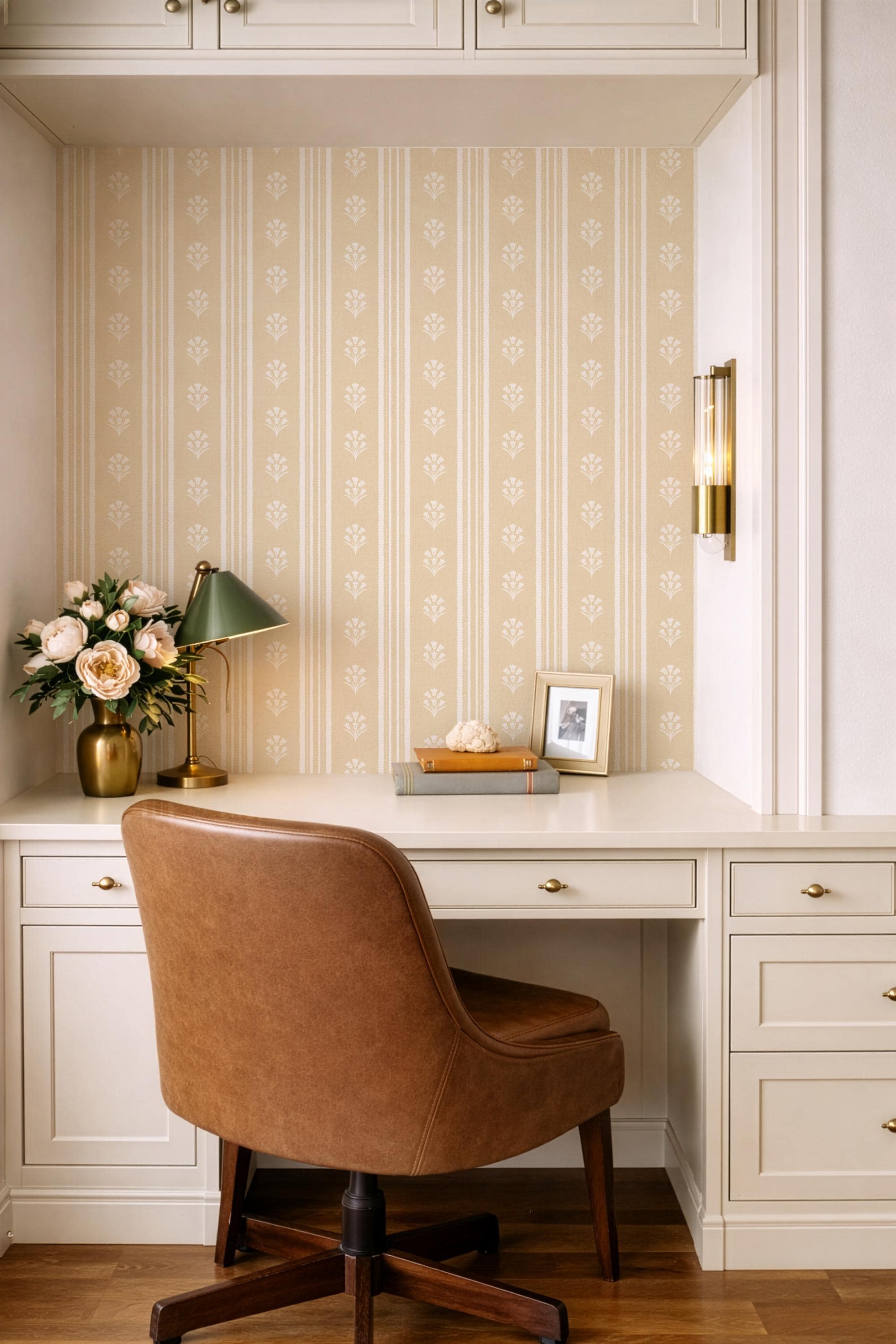 Yellow Floral Stripe Wallpaper: Wildflower Scallop Striped Wall Covering, Botanical Stripes, Charming Cottage Granny Chic Decor