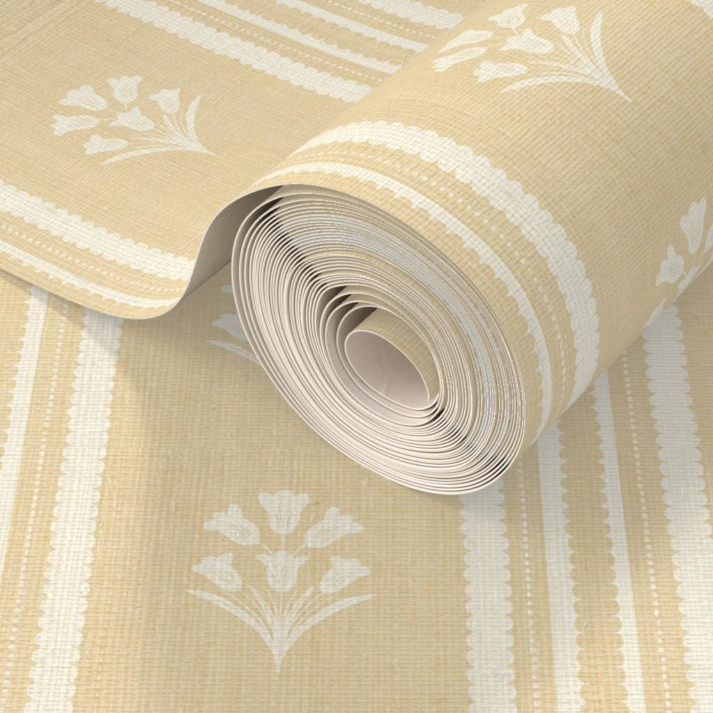 Yellow Floral Stripe Wallpaper: Wildflower Scallop Striped Wall Covering, Botanical Stripes, Charming Cottage Granny Chic Decor