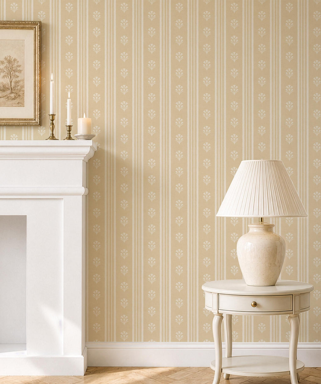 Yellow Floral Stripe Wallpaper: Wildflower Scallop Striped Wall Covering, Botanical Stripes, Charming Cottage Granny Chic Decor