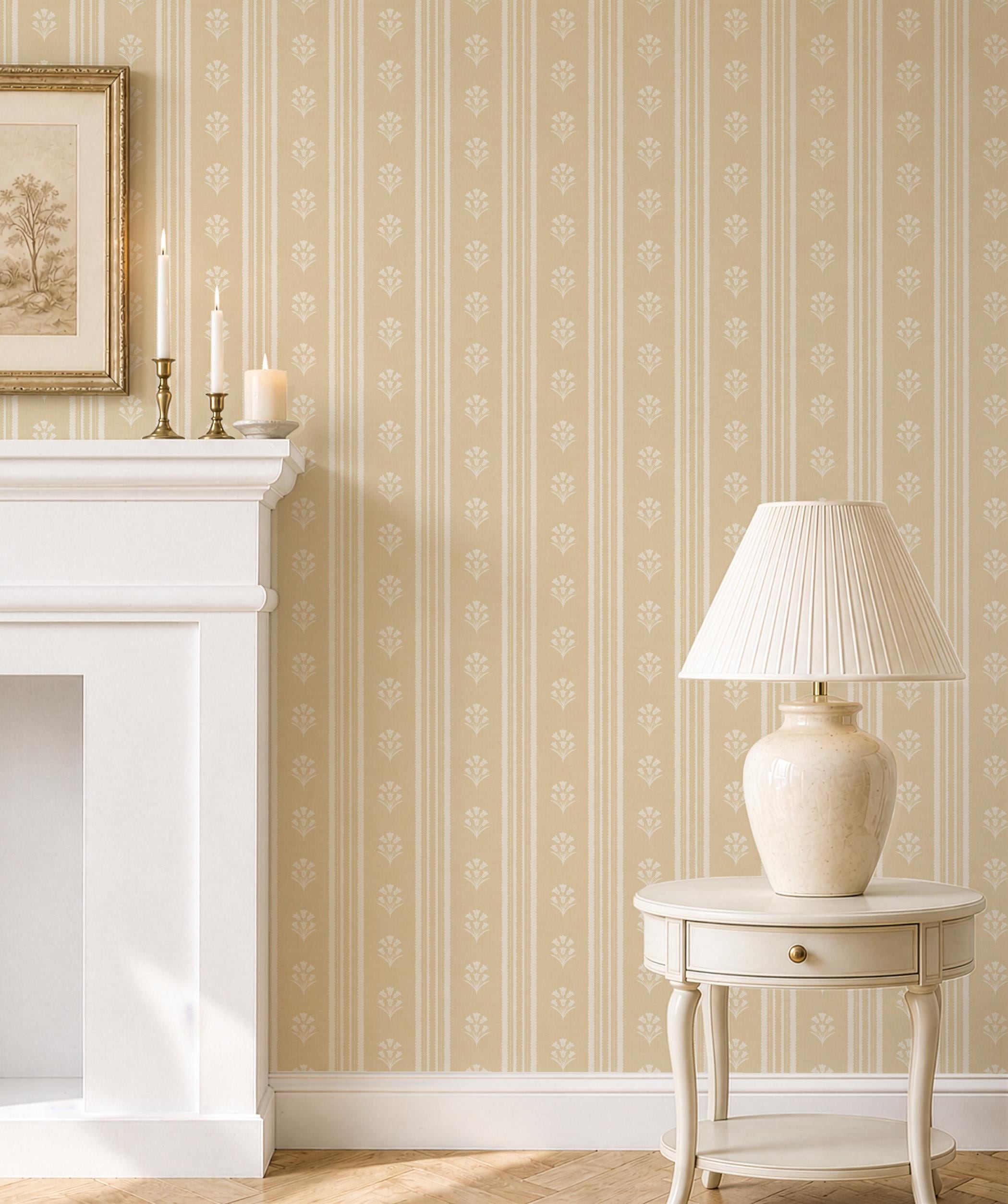 Yellow Floral Stripe Wallpaper: Wildflower Scallop Striped Wall Covering, Botanical Stripes, Charming Cottage Granny Chic Decor