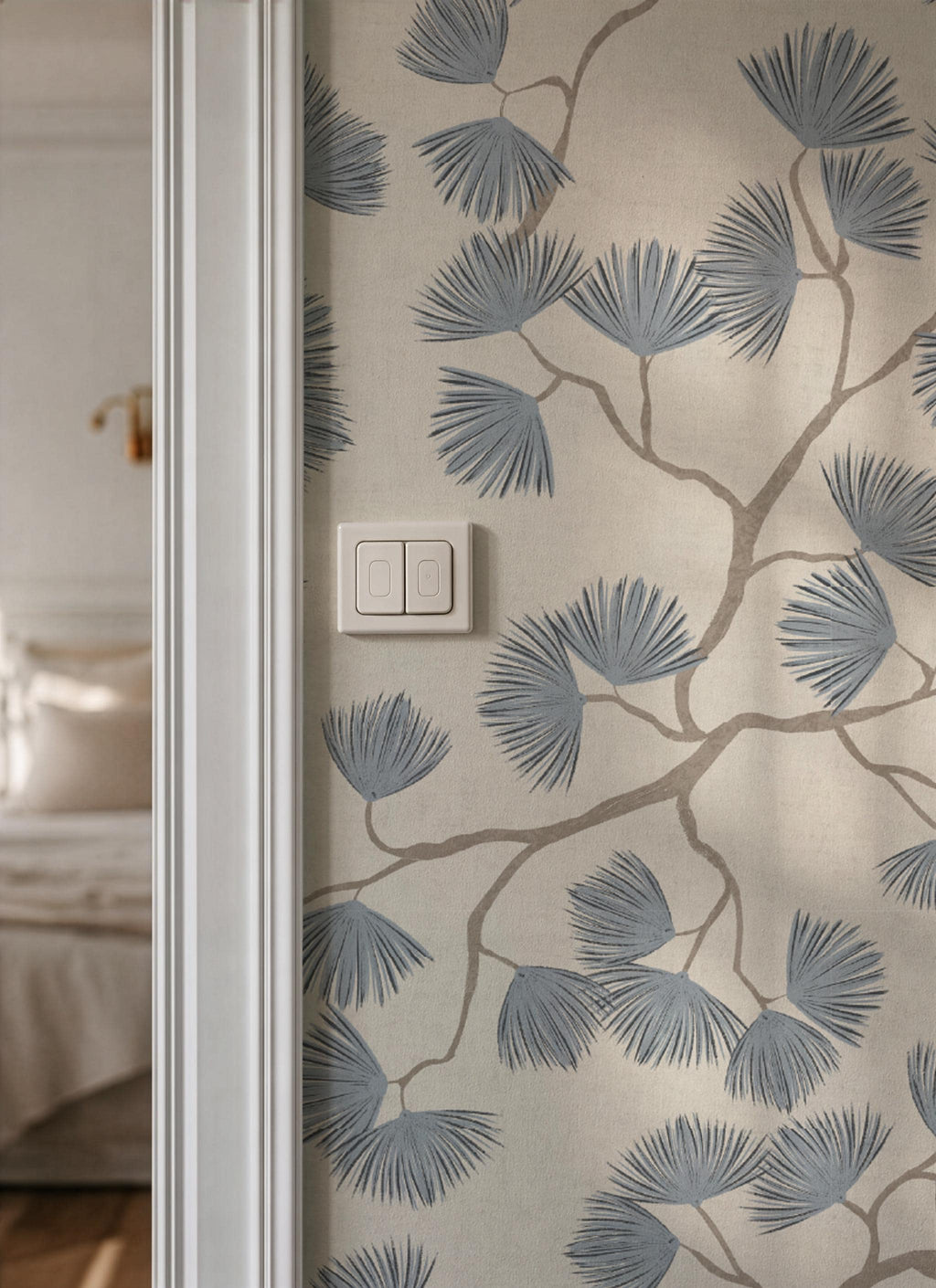 Scandinavian Pine Branch Wallpaper: Slate Blue Japanese Wall Covering Minimalist Woodland Wall Decor (Peel and Stick)