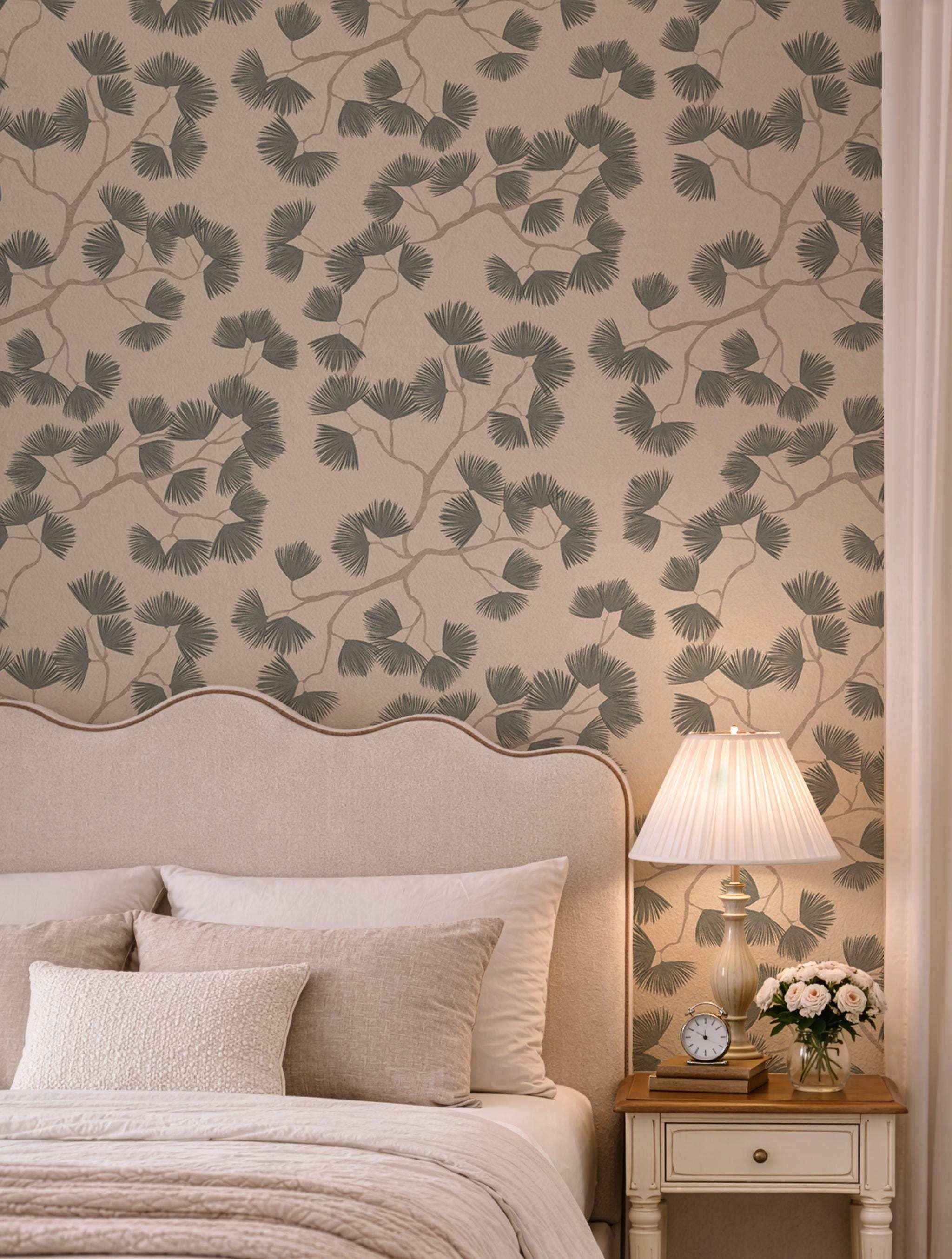Green Pine Branch Wallpaper minimalist Japandi Wall covering cozy woodland Scandinavian wall decor natural calming farmhouse peel and stick