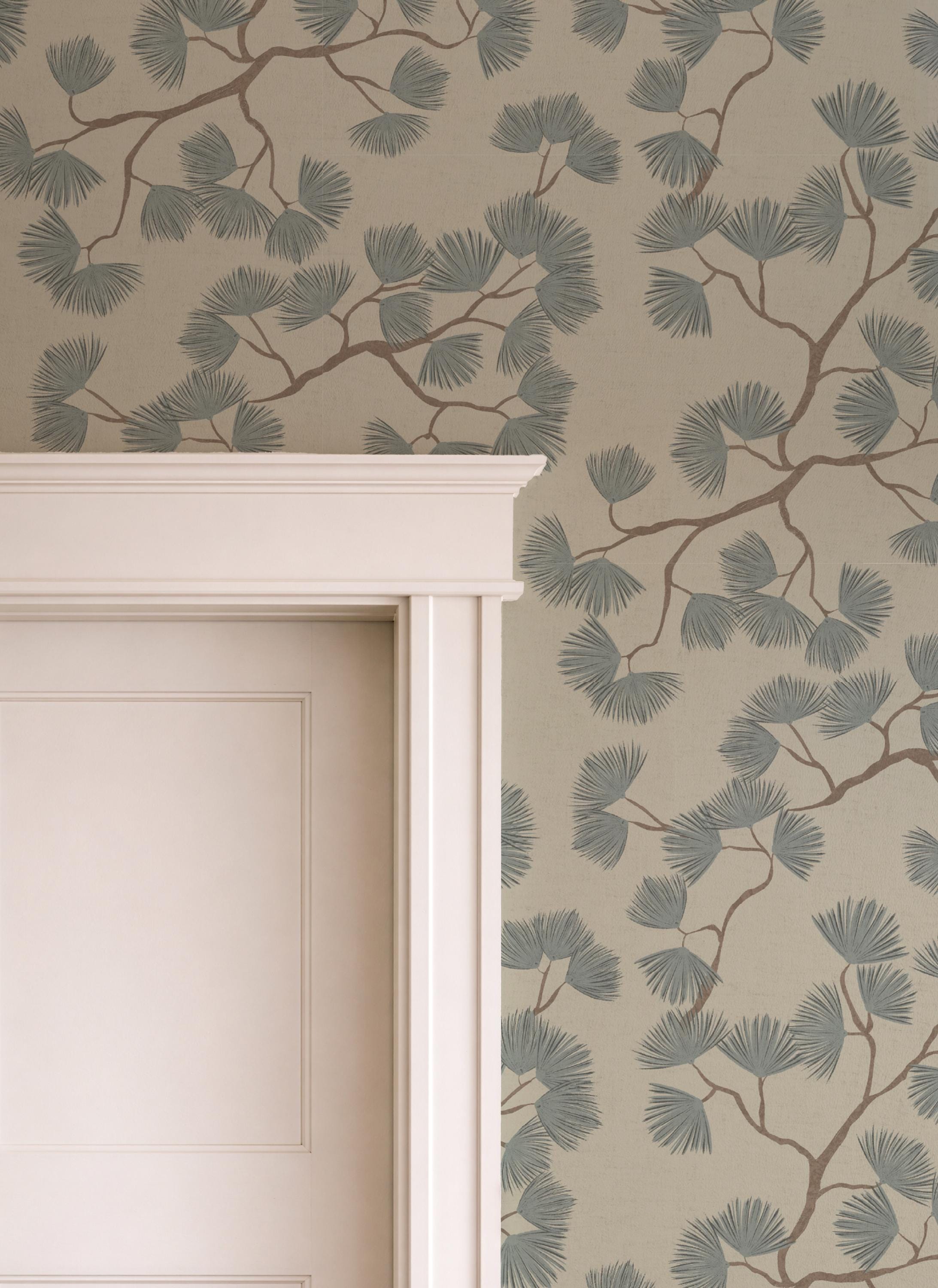 Japandi Pine Branch Wallpaper – Scandinavian Botanical Wall Mural (Grasscloth)