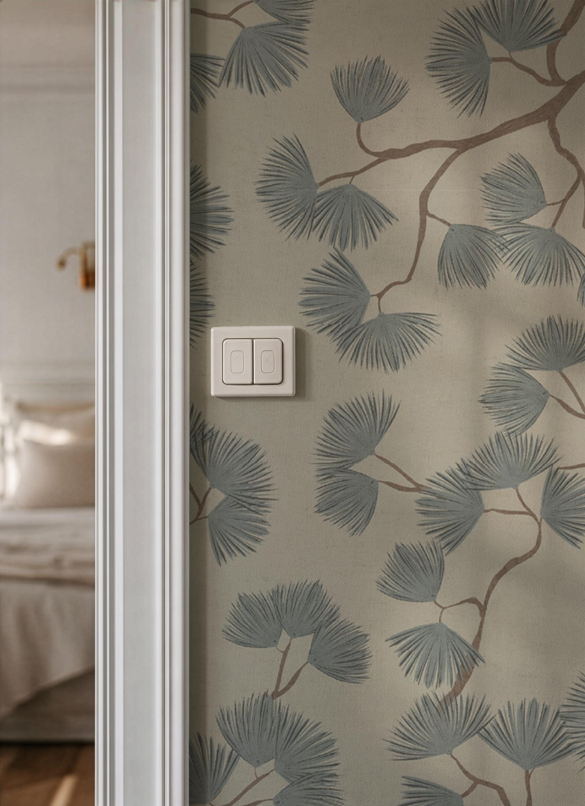 Japandi Pine Branch Wallpaper – Scandinavian Botanical Wall Mural (Grasscloth)