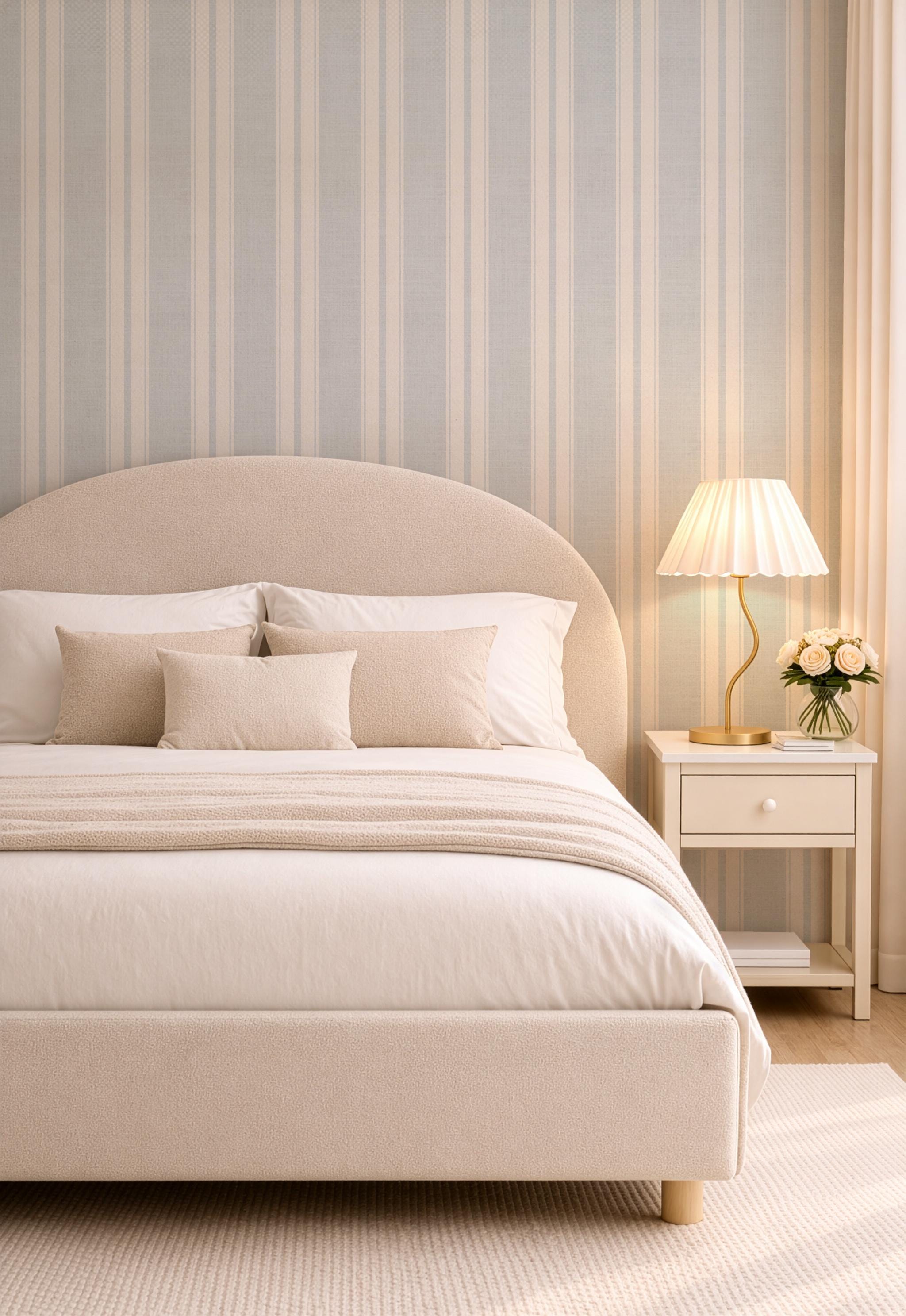 May include: A bedroom scene featuring a bed with a beige headboard, pillows, and bedding. A gold lamp sits on a white nightstand next to a vase of white roses. The wall has vertical striped wallpaper.