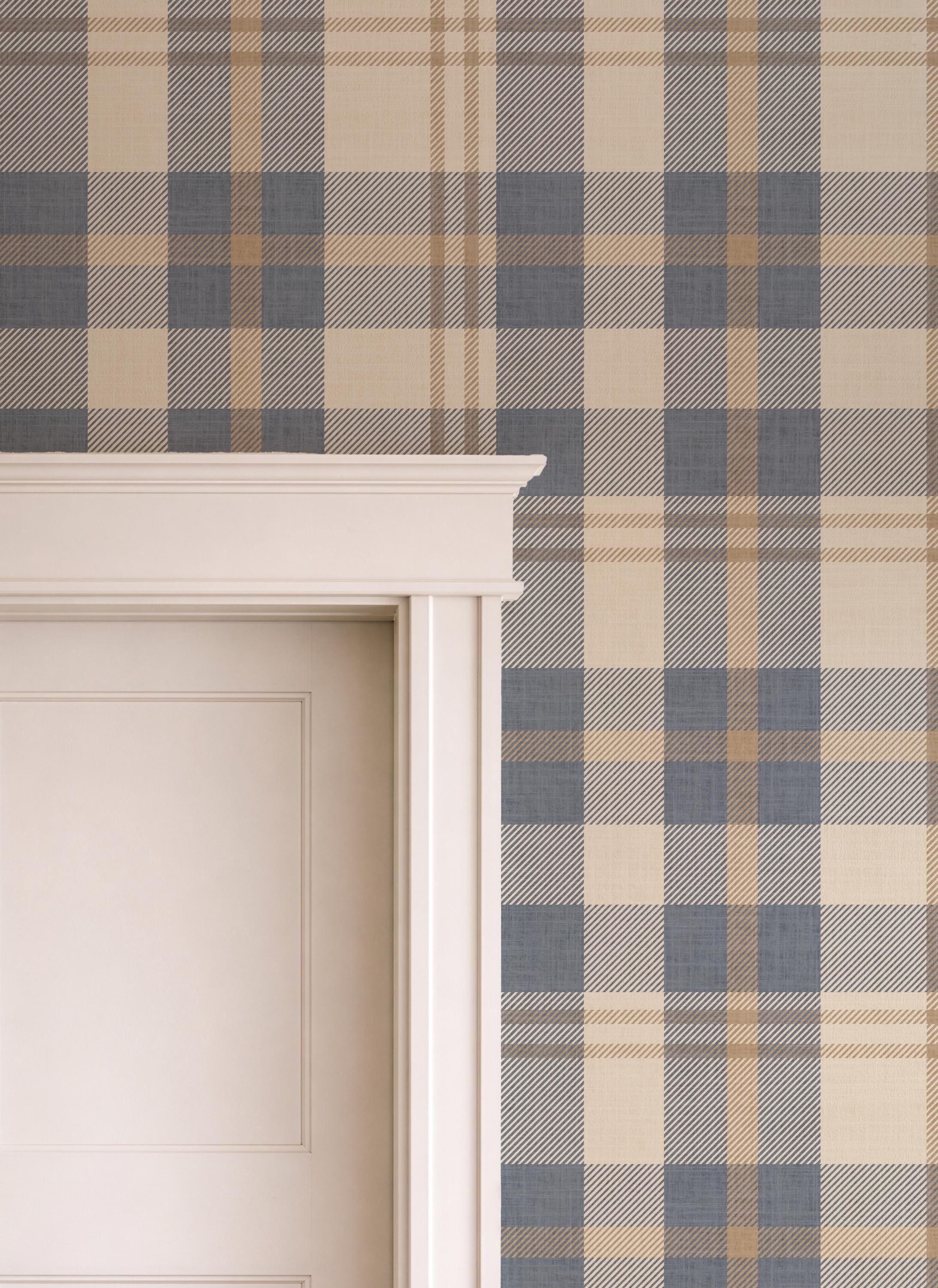 Neutral blue and beige Plaid Wallpaper – Rustic Check Pattern for Cozy Scandinavian & Farmhouse Interiors - FREE SHIPPING
