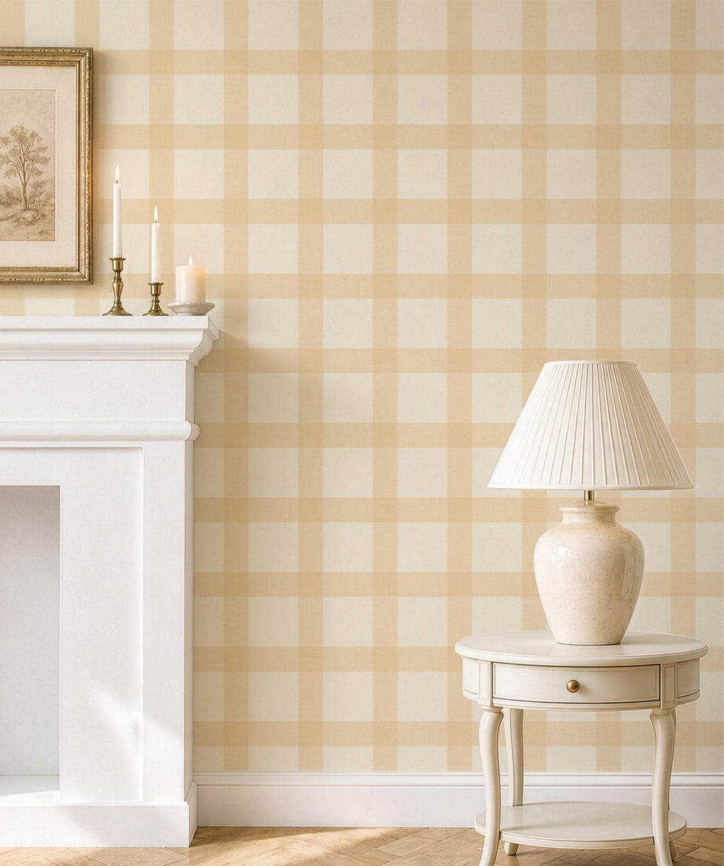 Butter Yellow Gingham Wallpaper – Cozy Cottage Nursery Wall Covering - Yellow Bedroom Wall Decor Cozy Cottage Wall - FREE SHIPPING
