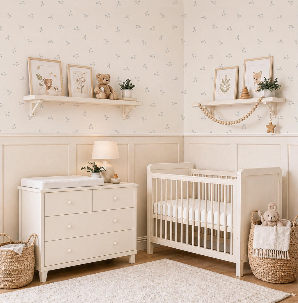 Soft Blue Ditsy Floral Wallpaper – Vintage Cottagecore Nursery Wall Covering (Peel and Stick) - Soft Blue ditsy bloom Cottage Baby Room