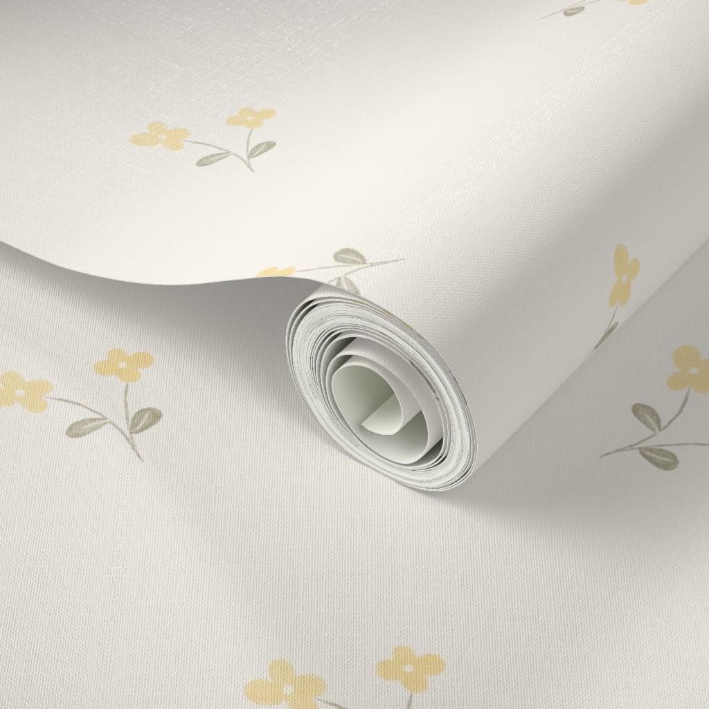 Buttery Yellow Nursery Wallpaper – Vintage Wildflower Wall Covering, Girls Room Wall Decor (Peel and Stick), ditsy bloom bathroom decor