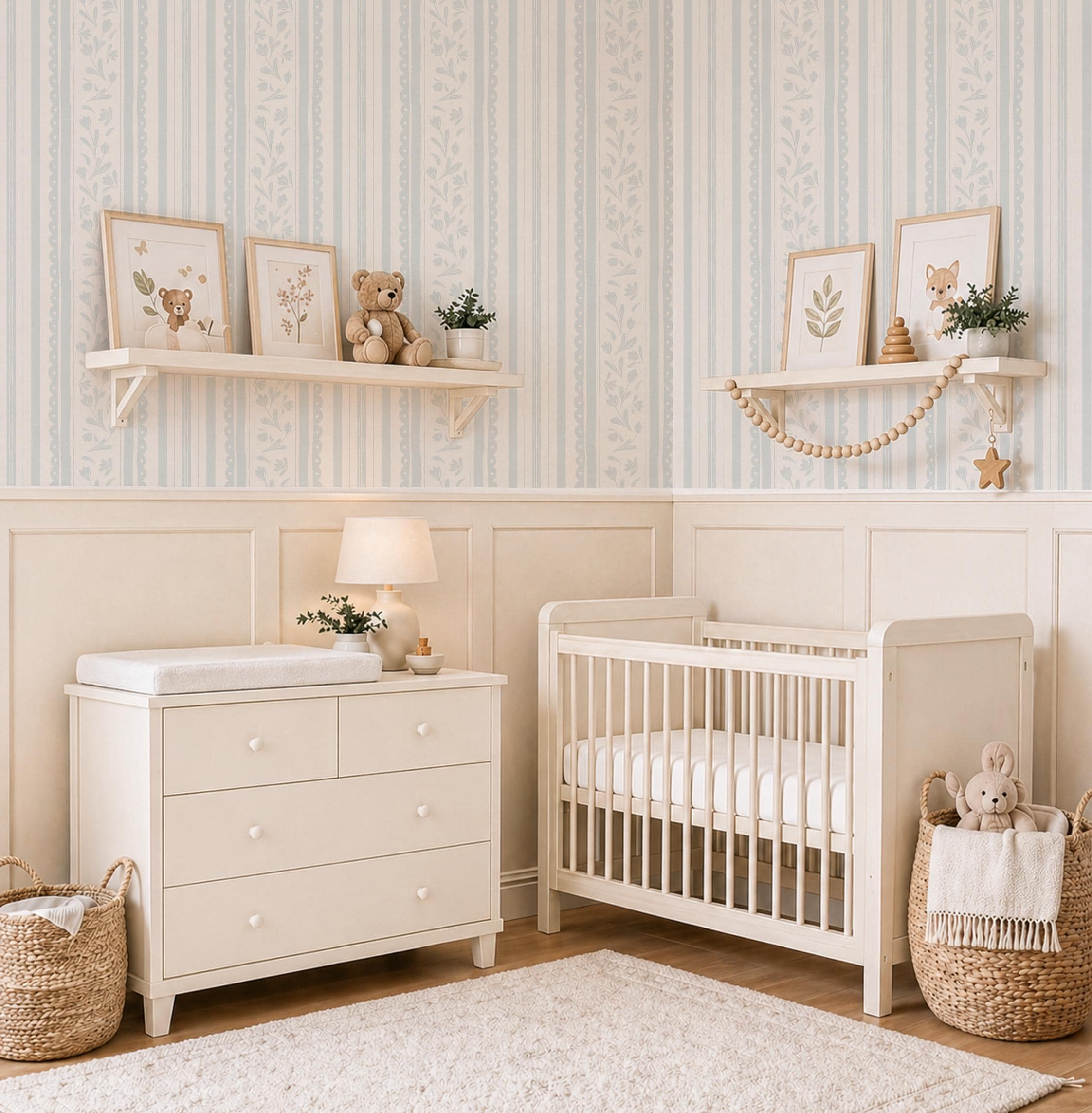 Pastel blue Striped Floral Wallpaper: Vintage Cottage Scallop Wall Covering, wildflower nursery wall decor, farmhouse scallop stripes