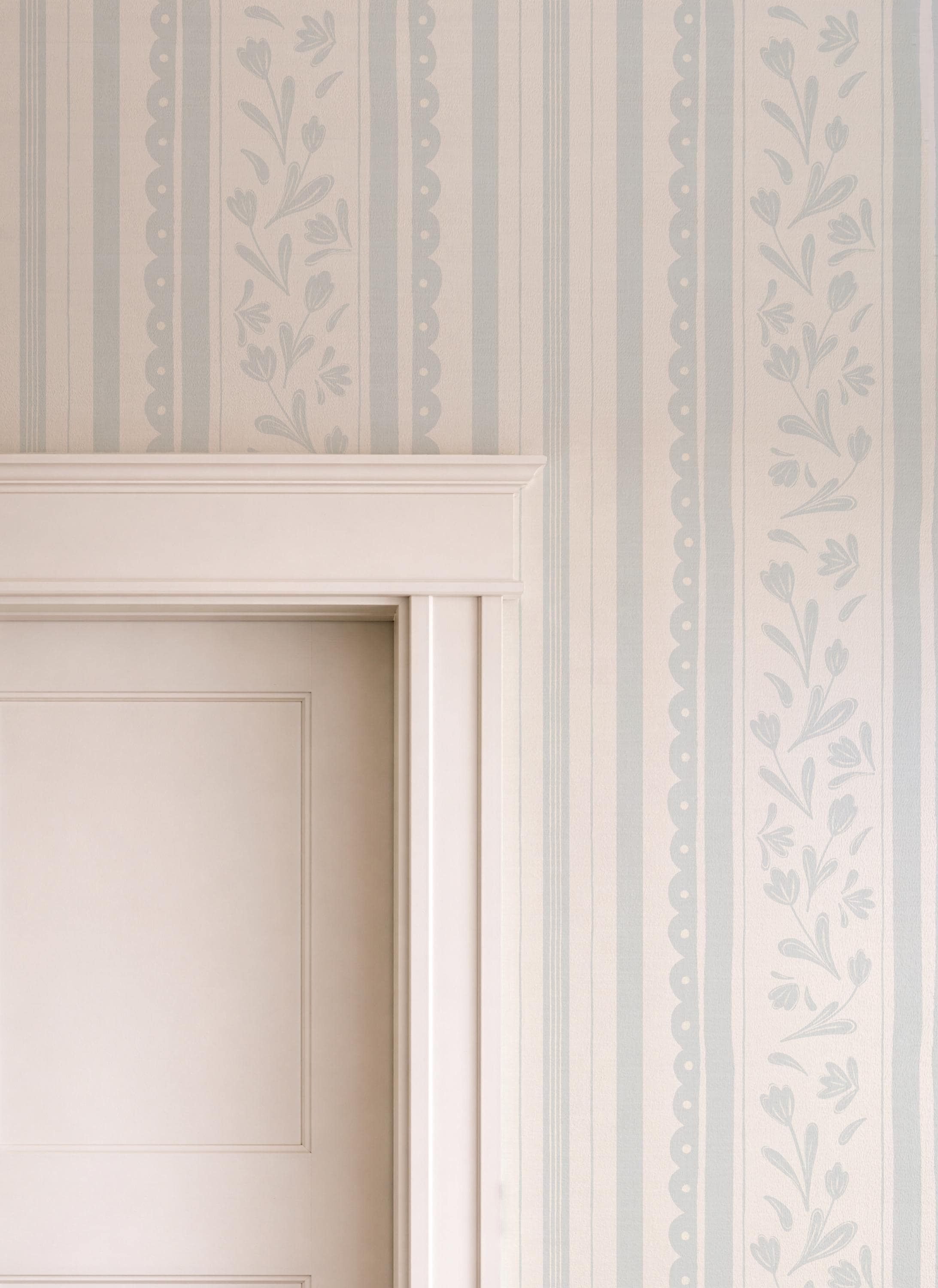 Pastel blue Striped Floral Wallpaper: Vintage Cottage Scallop Wall Covering, wildflower nursery wall decor, farmhouse scallop stripes