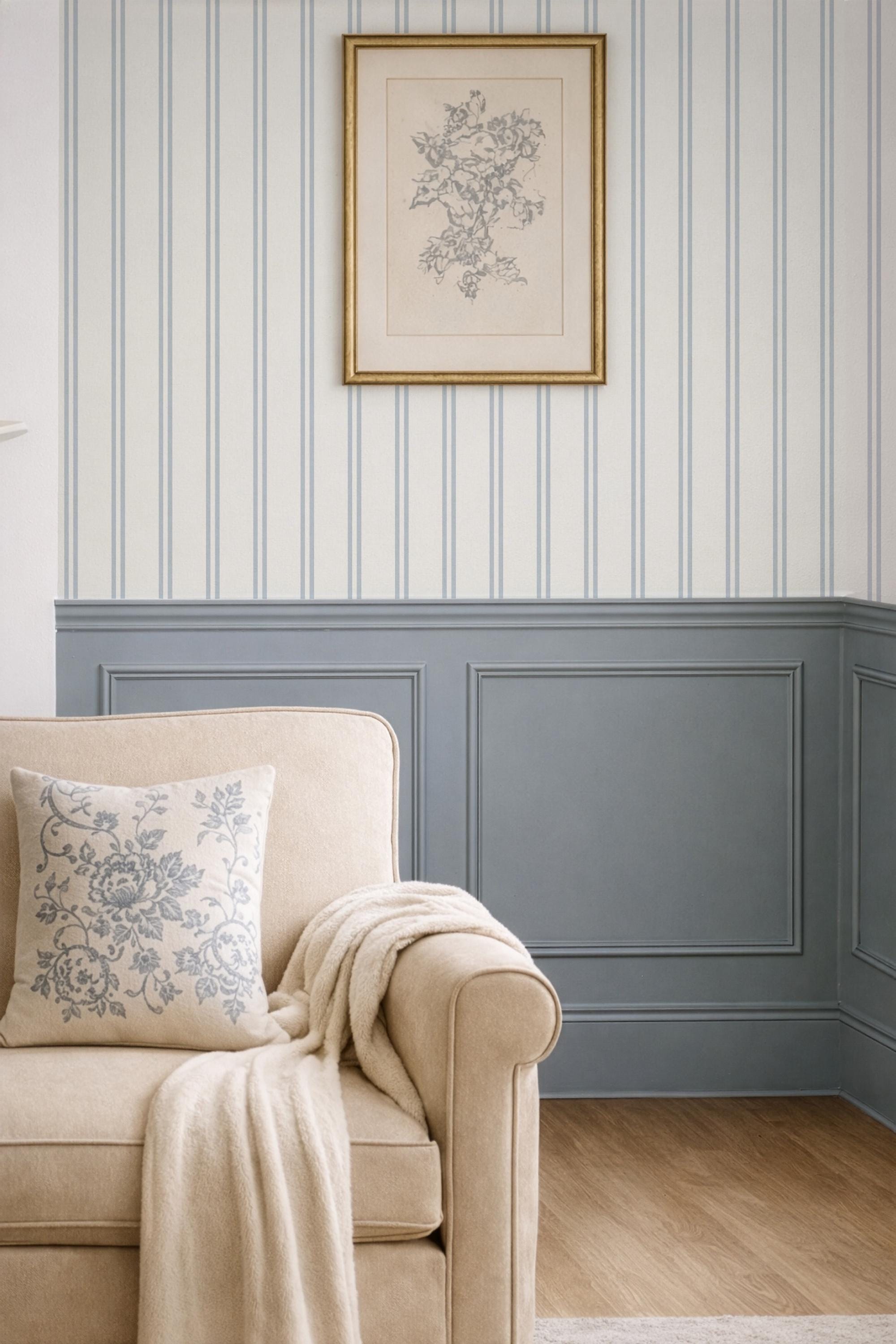 Cottage Nursery Light Blue Double Ticking Striped Wallpaper pastel double striped Wall Covering Farmhouse Nursery Linen Texture (Removable)