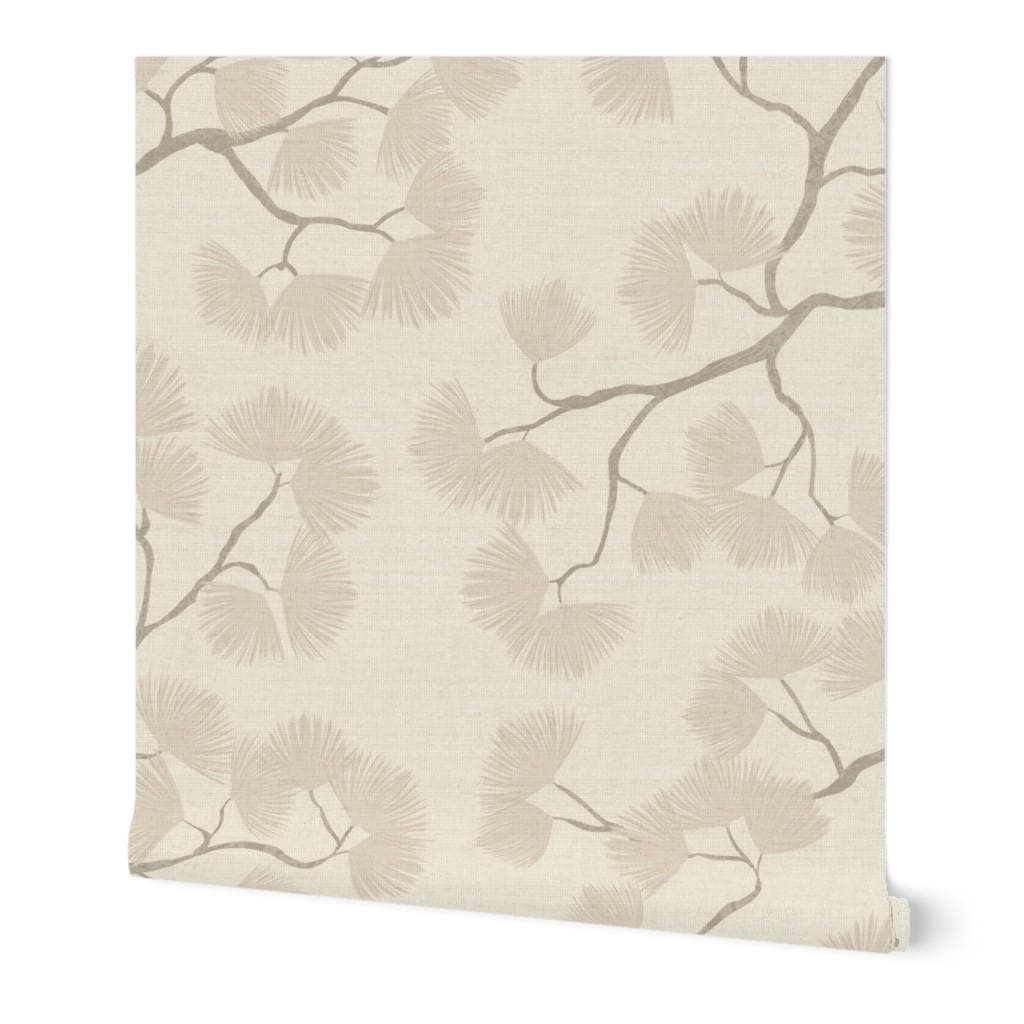 Beige Pine Branch Wallpaper – Minimalist Woodland Wall Decor (Peel and Stick)