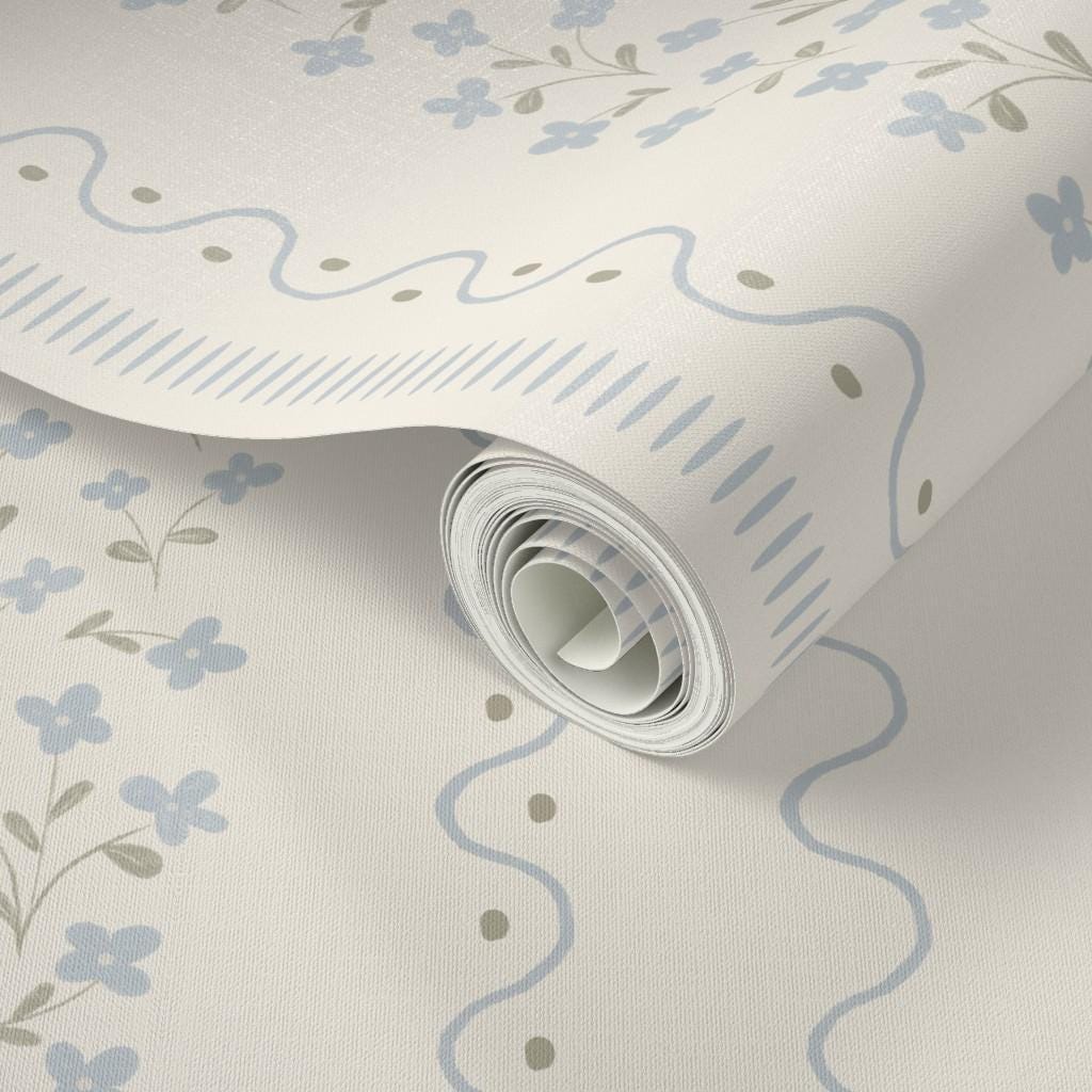 Blue Wildflower Stripe Wallpaper: Watercolor Ditsy Floral Nursery Wall Covering (Peel and Stick)