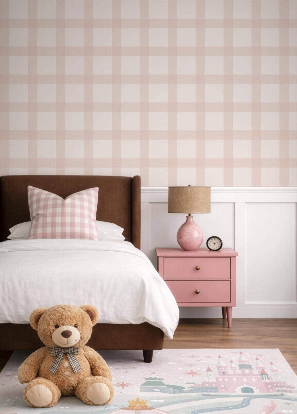 Blush Pink Gingham Wallpaper: Cozy Cottage, Nursery Wall Covering (Peel and Stick) Kid Playroom Wall Decor Vintage Baby Room Peel and Stick