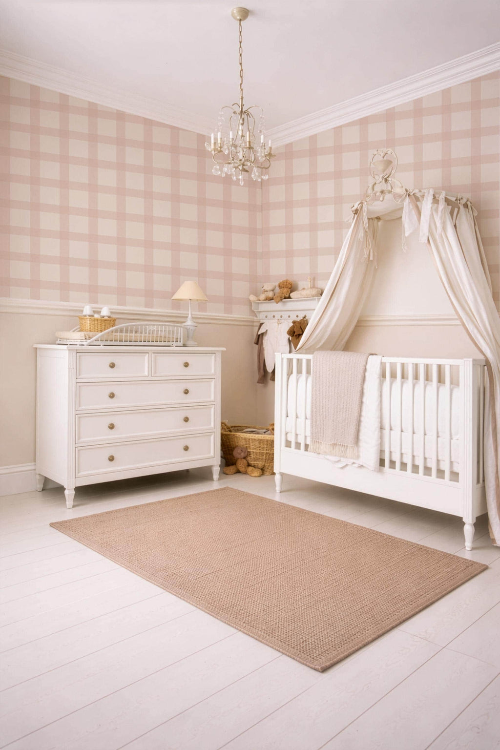 Blush Pink Gingham Wallpaper: Cozy Cottage, Nursery Wall Covering (Peel and Stick) Kid Playroom Wall Decor Vintage Baby Room Peel and Stick