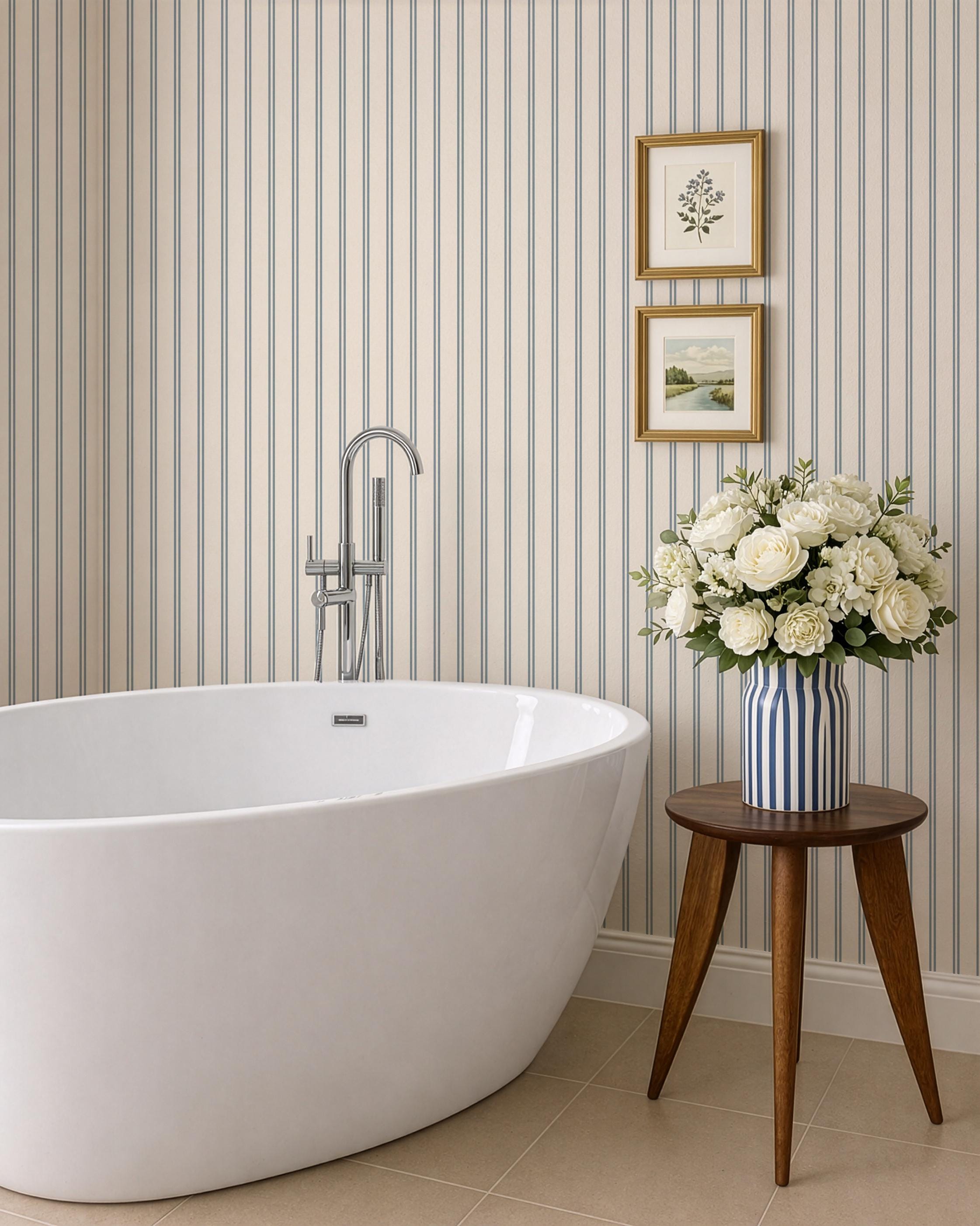 Blue striped wallpaper cozy dusty blue thin lines wall covering cute nursery wall decor coastal farmhouse elegant wallpaper peel and stick