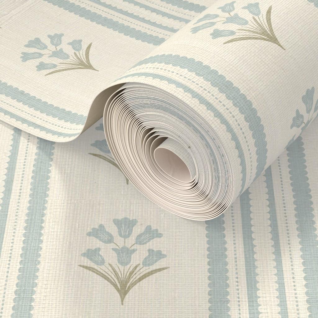 Blue Wildflower Stripe Wallpaper, Vintage Cottage Nursery Decor, Botanical Pattern