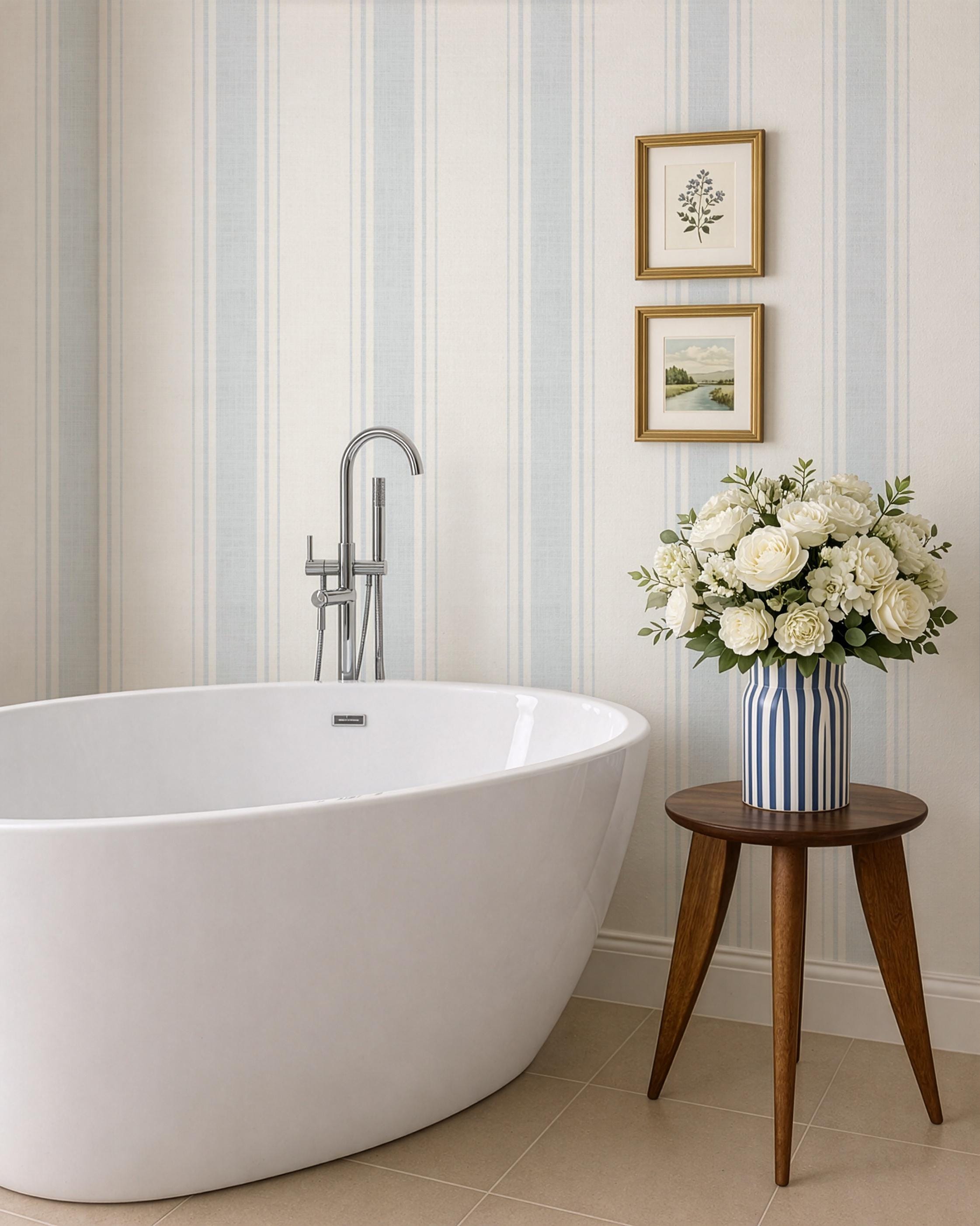 Coastal Blue Striped Wallpaper: Linen Textured Nursery, Cottage Stripes (Peel & Stick)