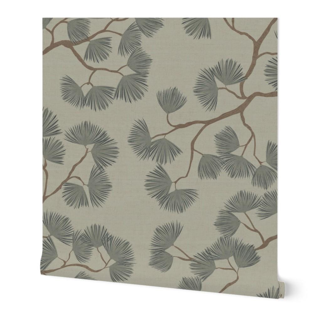 Japandi Pine Branch Wallpaper – Scandinavian Botanical Wall Mural (Grasscloth)